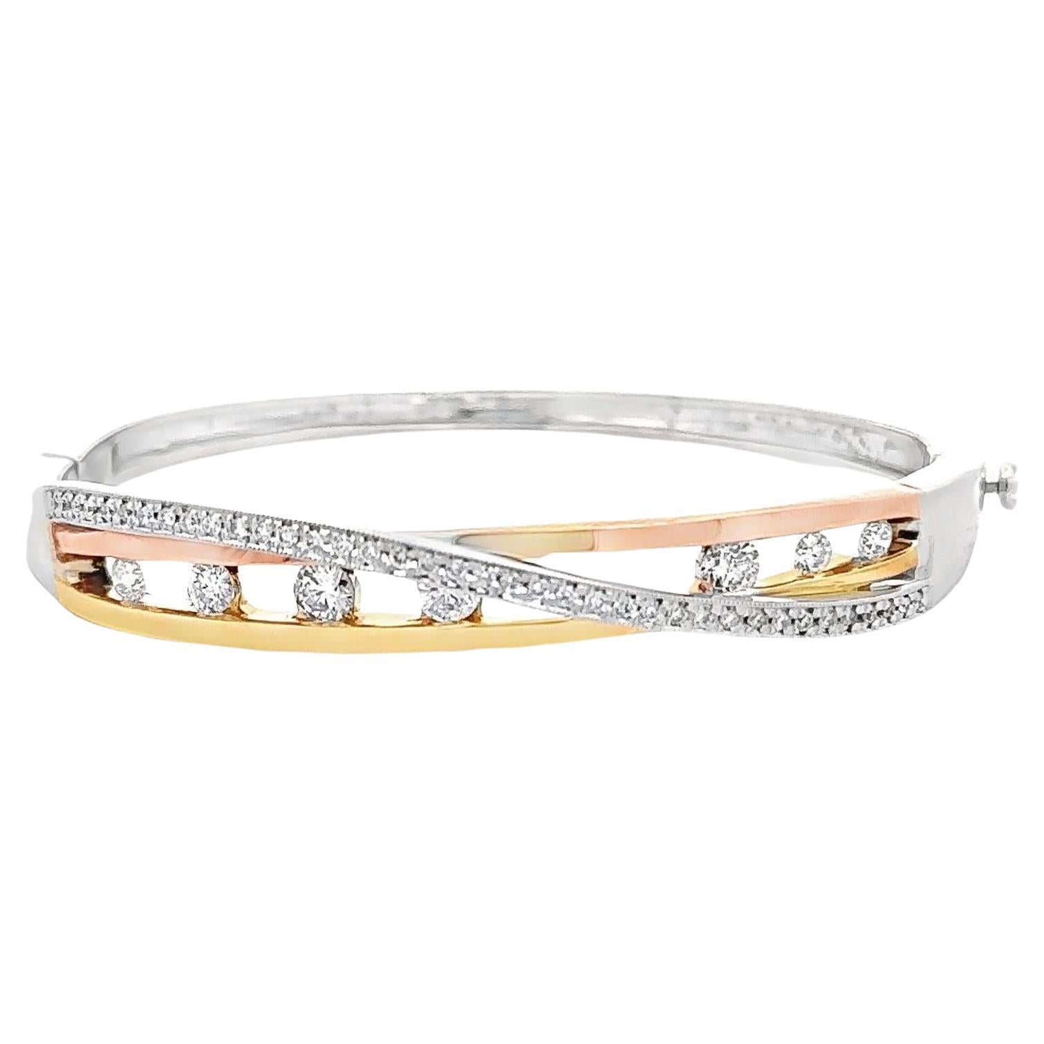 Crossing Diamond Channel Set 14k Multi-Color Gold Bangle Bracelet For Sale