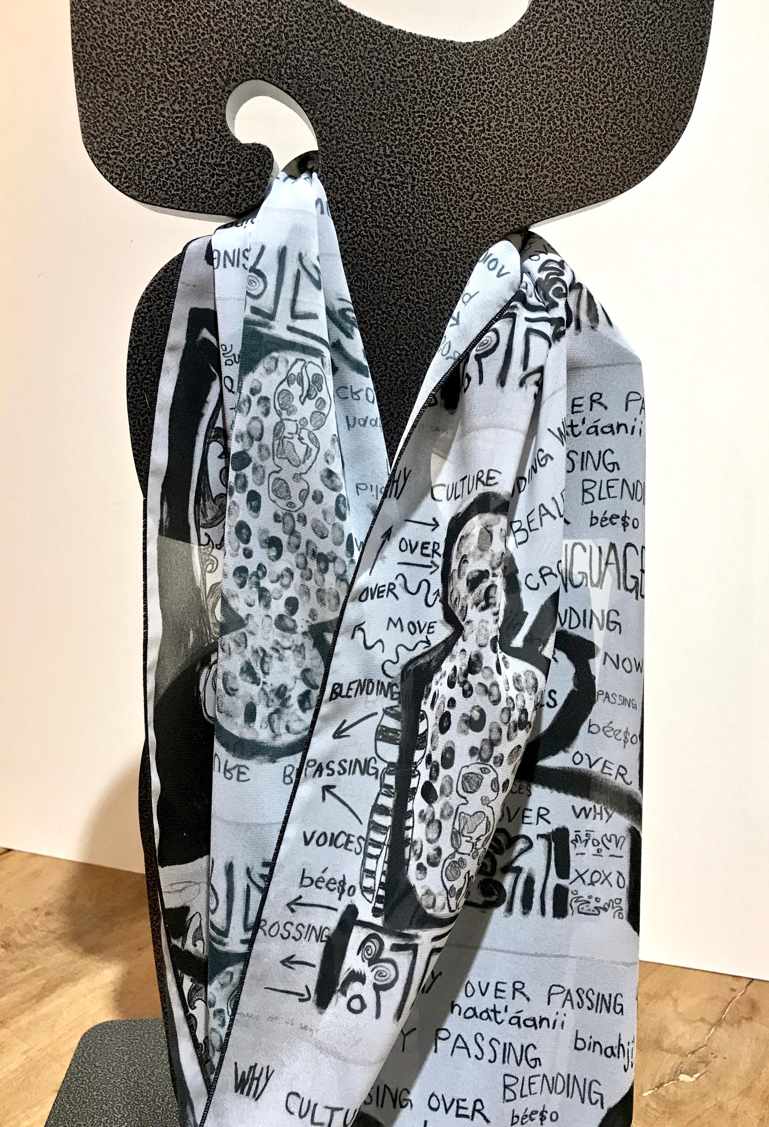 Crossing Over, black, white, scarf, by Melanie Yazzie, Navajo, chiffon In New Condition For Sale In Santa Fe, NM