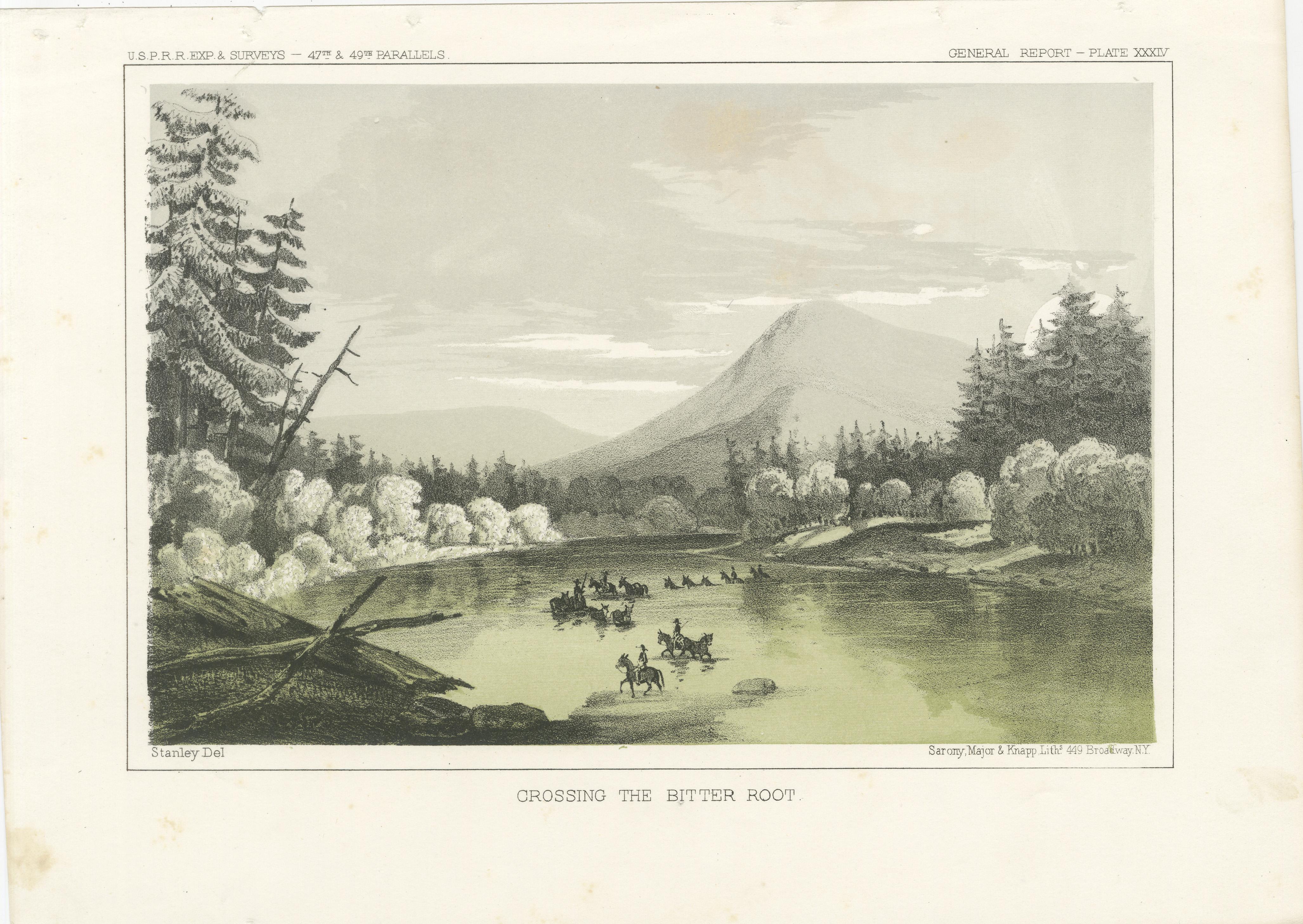 Titel: Überquerung des Bitter Root River - getönte Lithographie aus der Vermessung der Pazifik-Eisenbahn, 1856  

Beschreibung:  
Diese eindrucksvolle Lithografie 