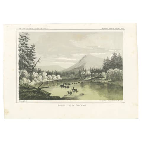 Crossing the Bitter Root River in Western Montana, USA - Tinted Lithograph, 1856