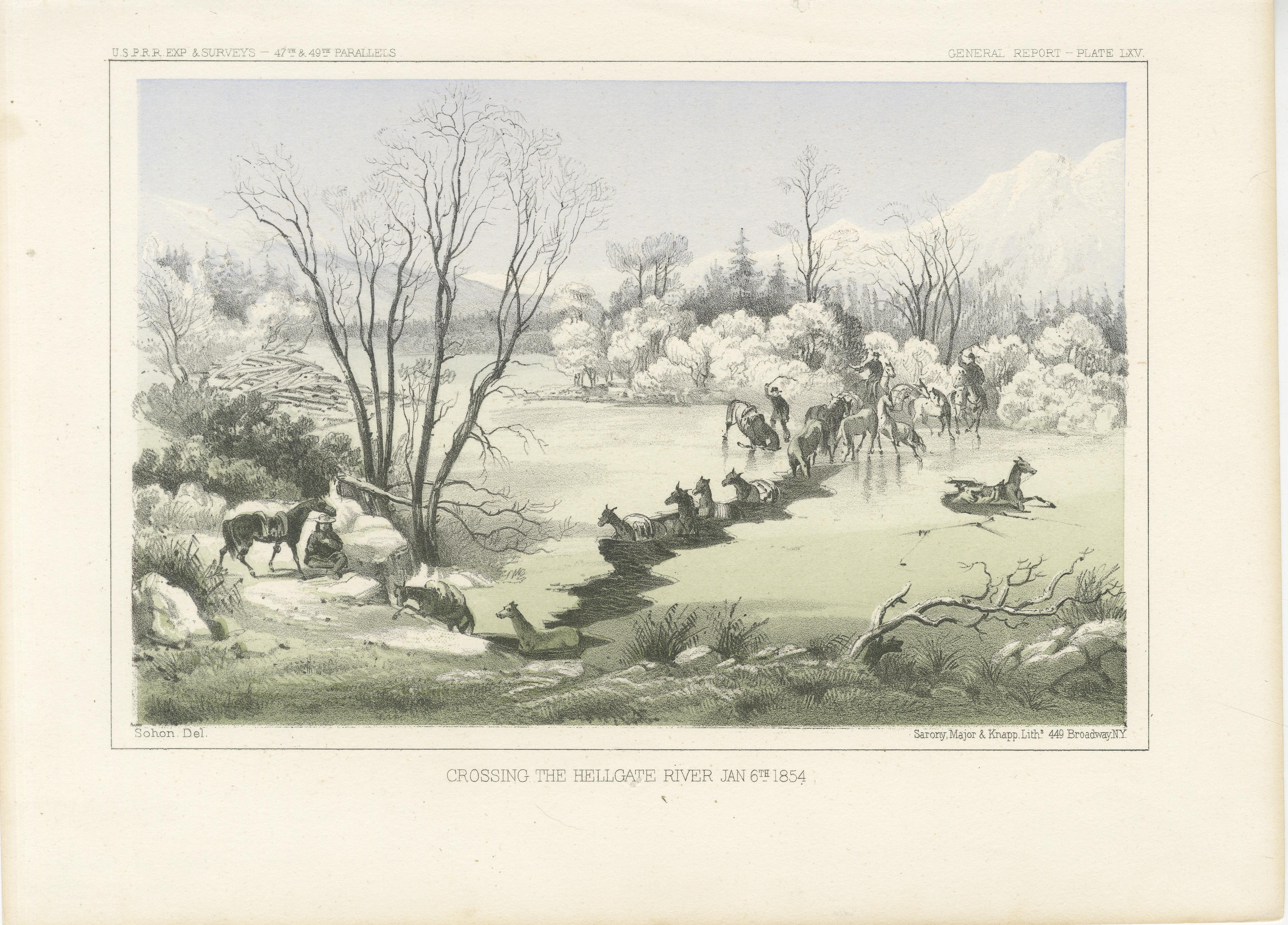 Titolo: Attraversamento del fiume Hellgate, 6 gennaio 1854 - Litografia storica  

Descrizione:  Questa litografia, 