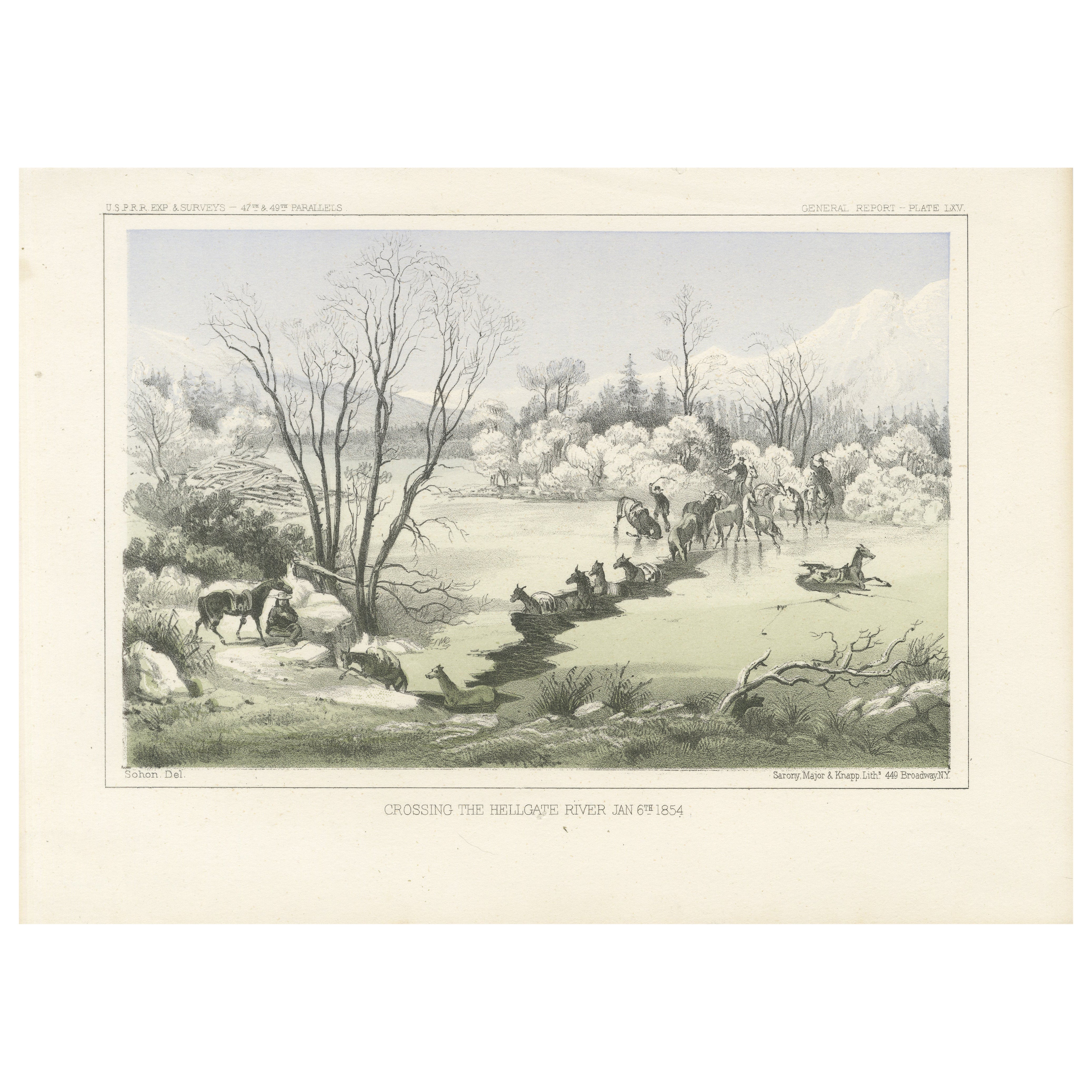 Crossing the Hellgate River in Winter, Montana - Historic 19th-Century Litho