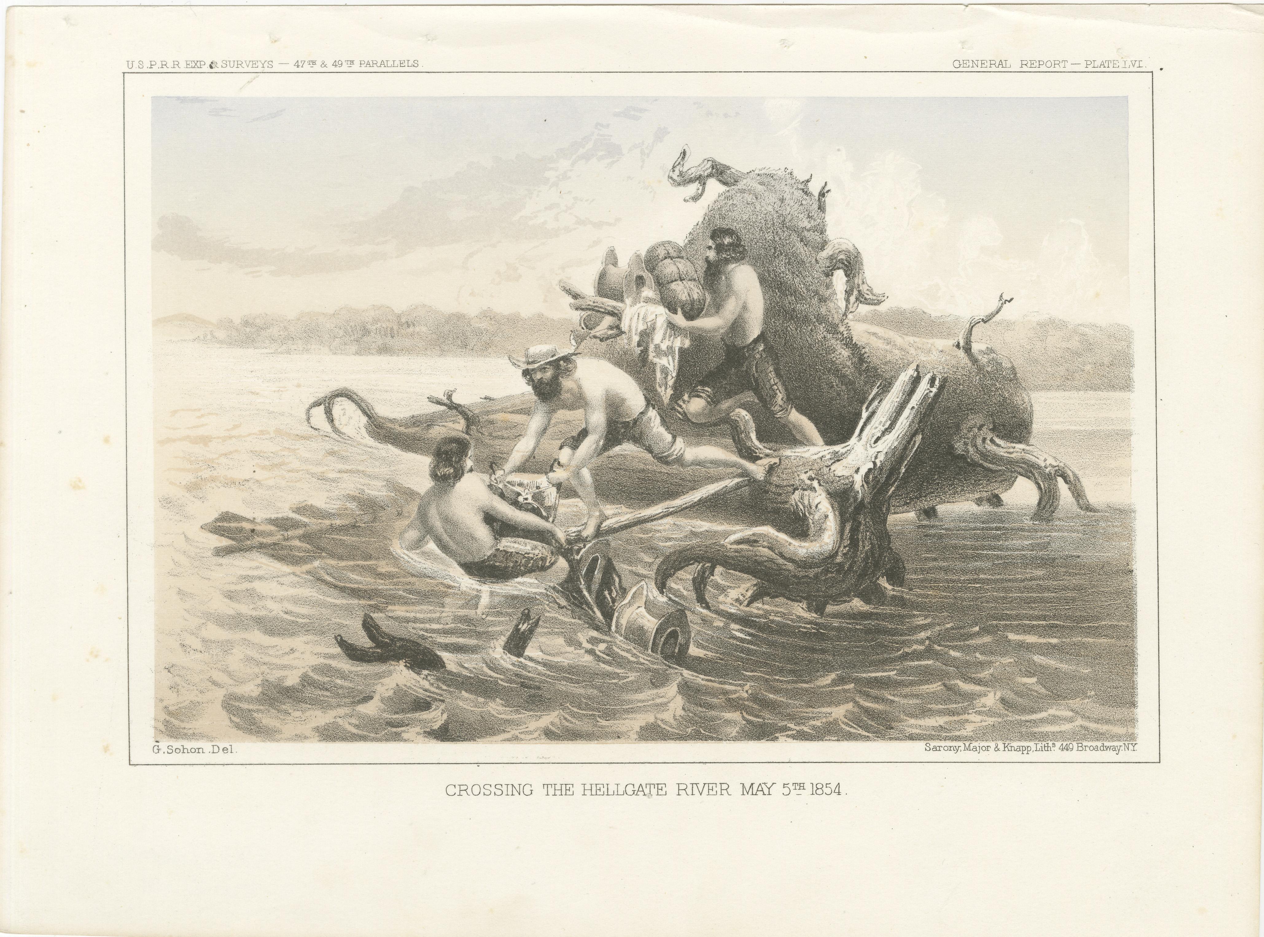 Titolo: Attraversamento del fiume Hellgate - 5 maggio 1854 - Drammatica litografia dal rilievo della ferrovia

Questa straordinaria litografia immortala il pericoloso attraversamento del fiume Hellgate il 5 maggio 1854, nell'ambito dei rilevamenti