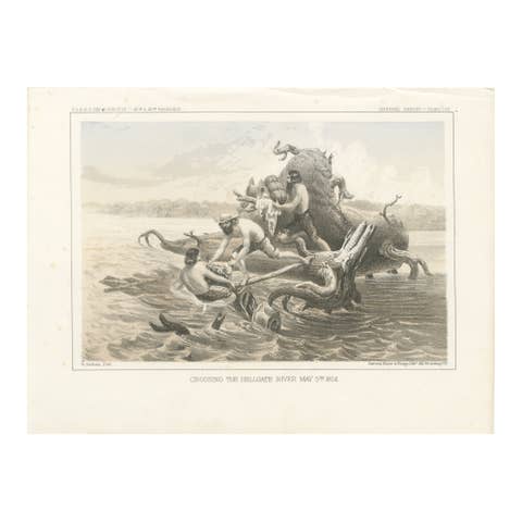 Crossing the Hellgate River - May 5th, 1854 - Dramatic Lithograph Published 1856
