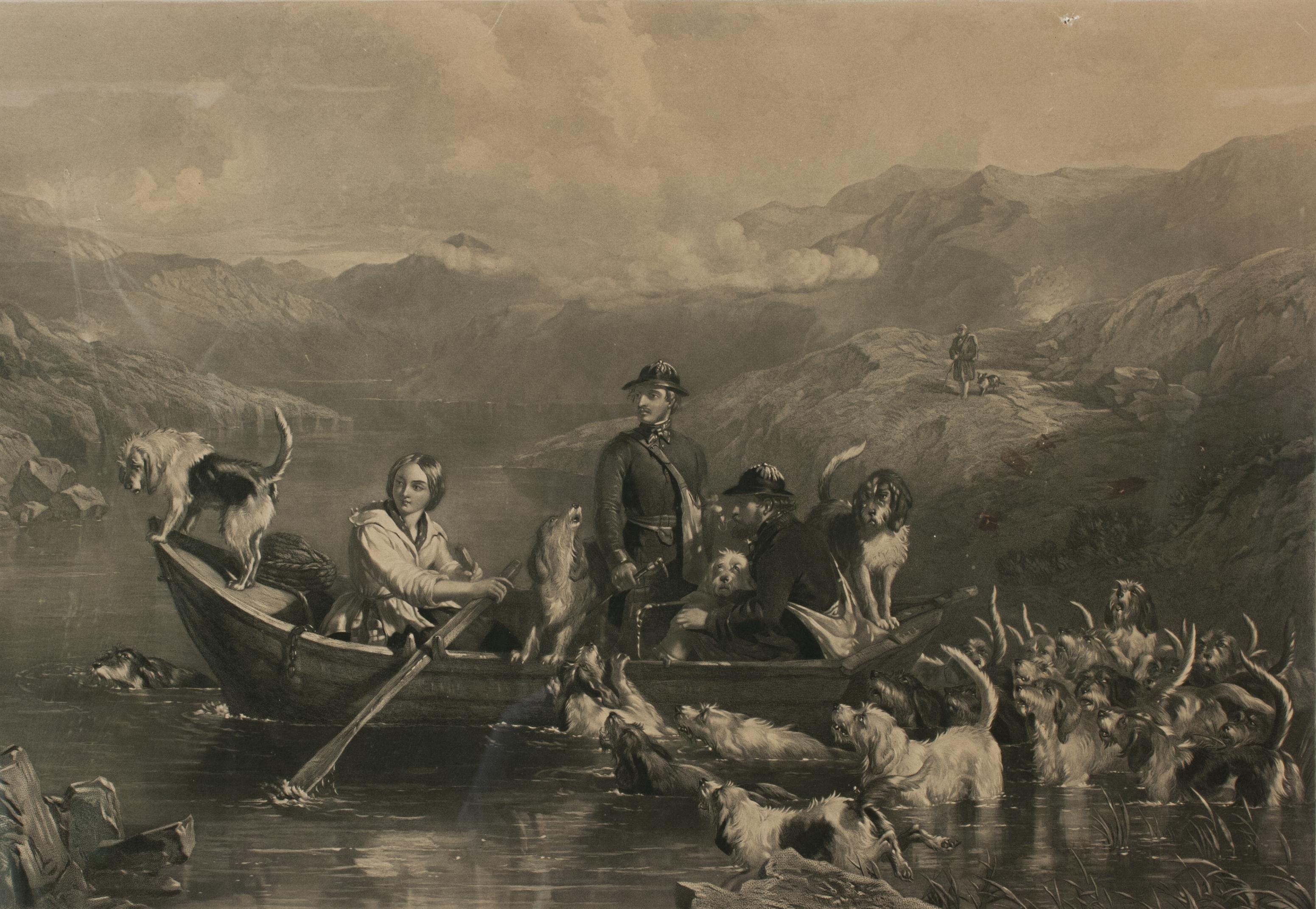 Sporting Art Crossing The Tay, Antique Otter Hunting Engraving, Southern Highlands