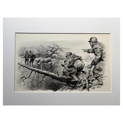 “Crossing Under Fire” 1953 Original Gouache & Ink Illustration by Charles Burki
