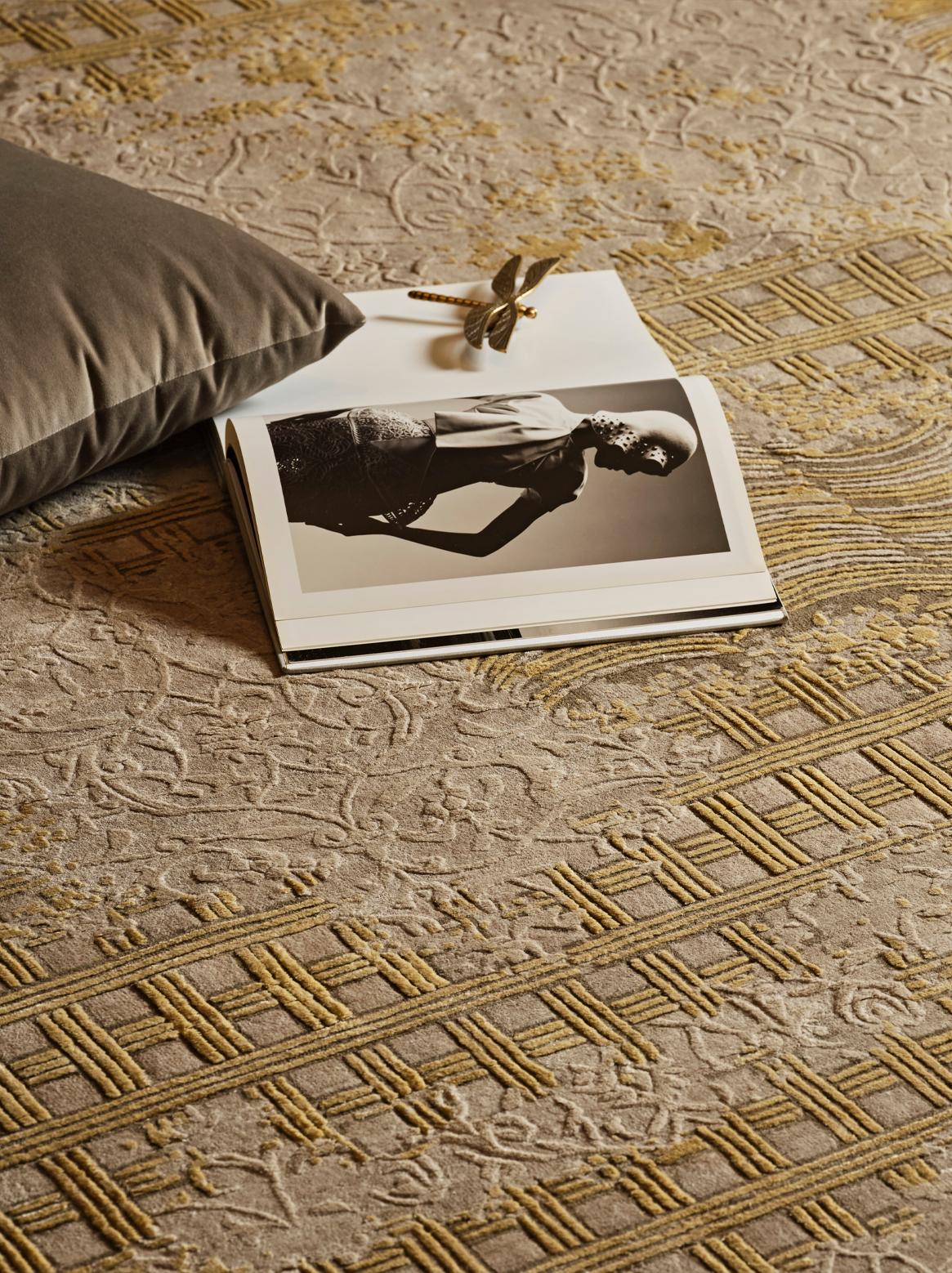 Silk CROSSLYN Hand Knotted Rug in Sand, Gold & Teal Colours by Hands For Sale