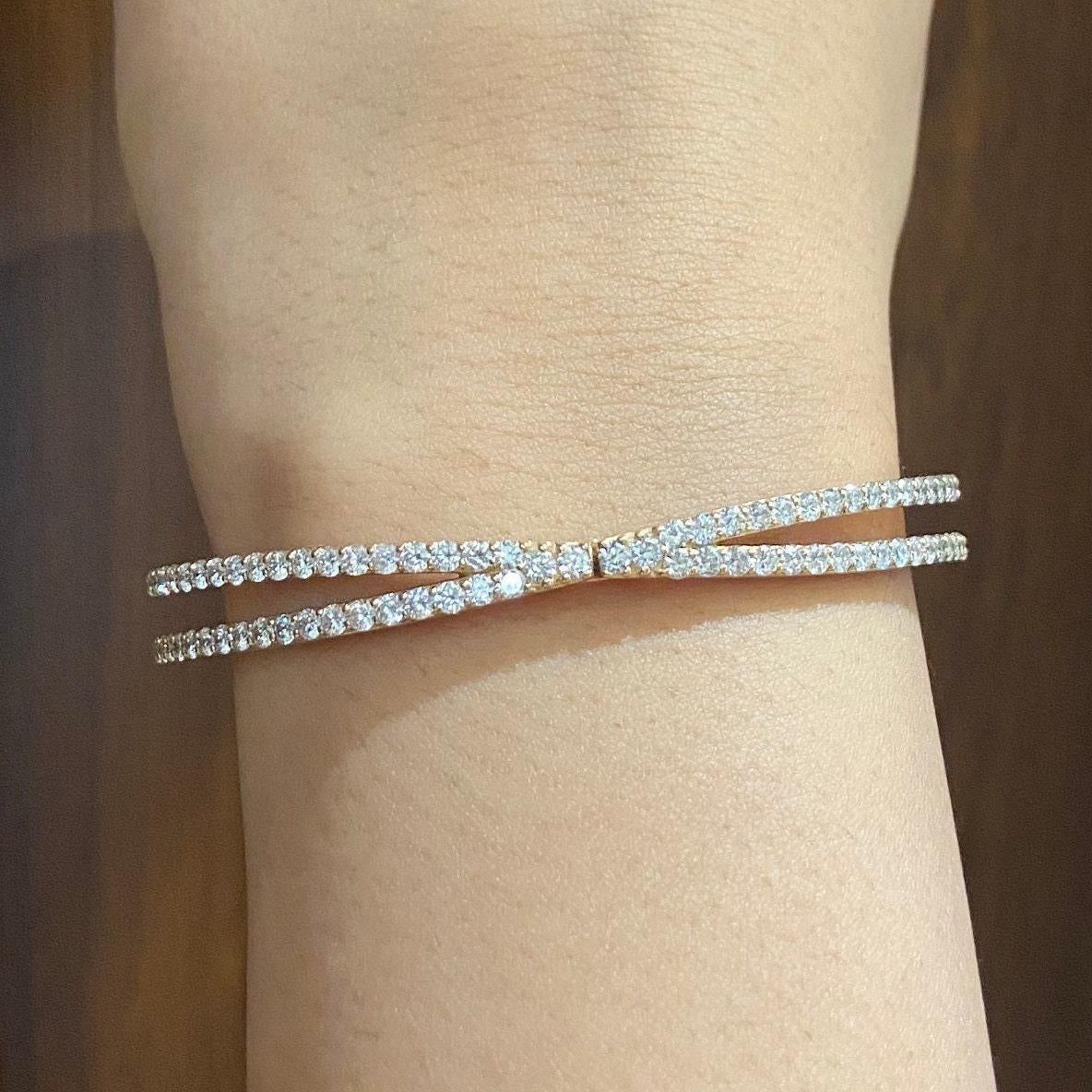 Art Deco Crossover Diamond Bracelet in 14k Solid Gold (Certified) For Sale
