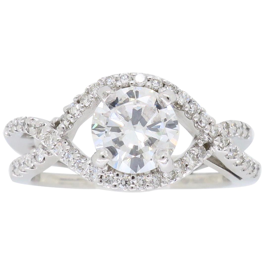 Crossover Halo Diamond Engagement Ring Made in 14 Karat White Gold For Sale