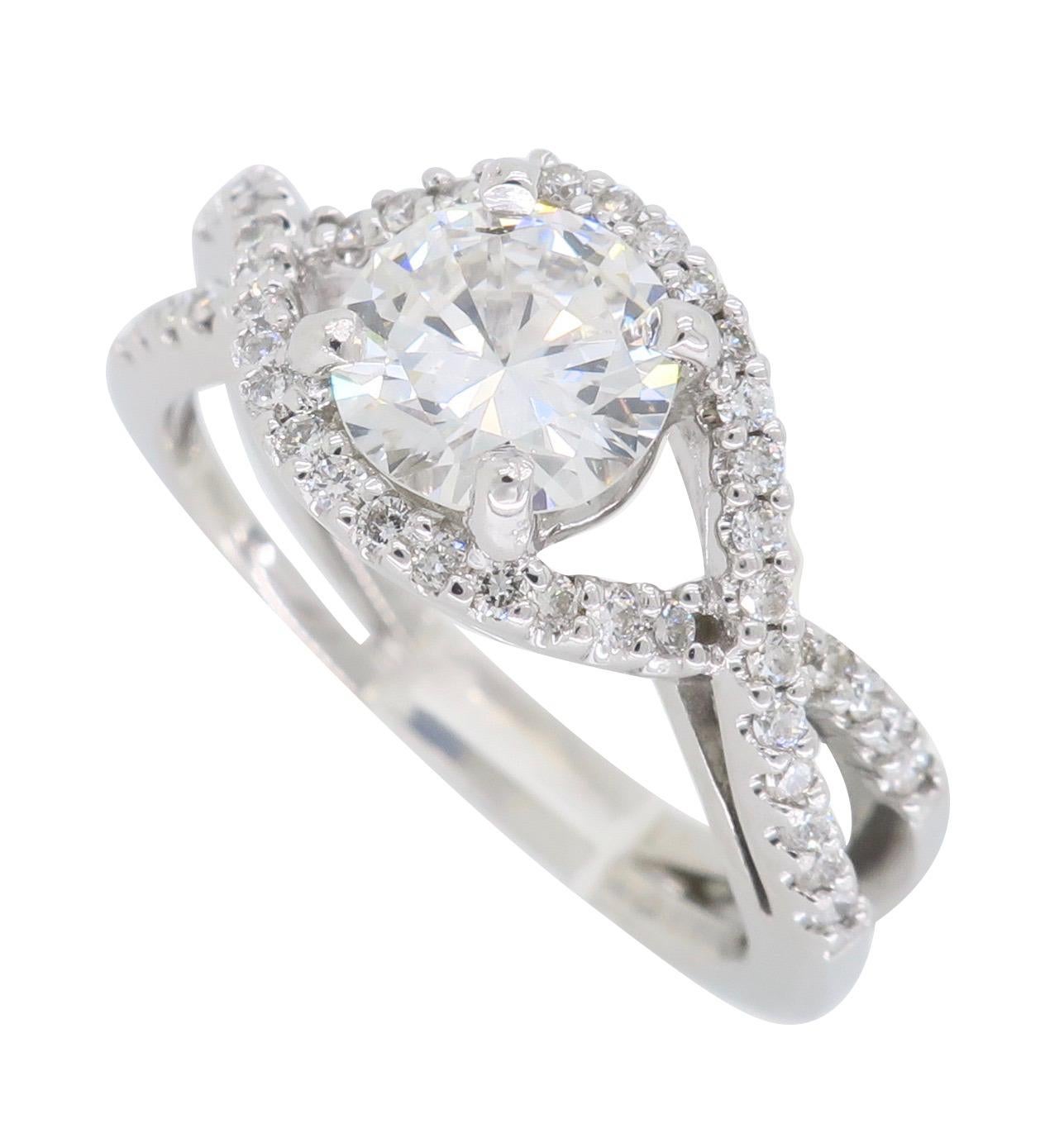 Crossover Halo Diamond Engagement Ring Made in 14 Karat White Gold For Sale 2