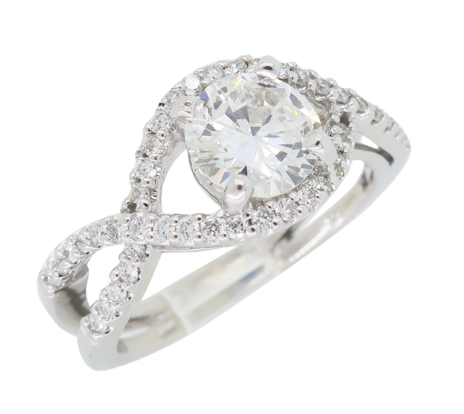 Crossover Halo Diamond Engagement Ring Made in 14 Karat White Gold For Sale 3