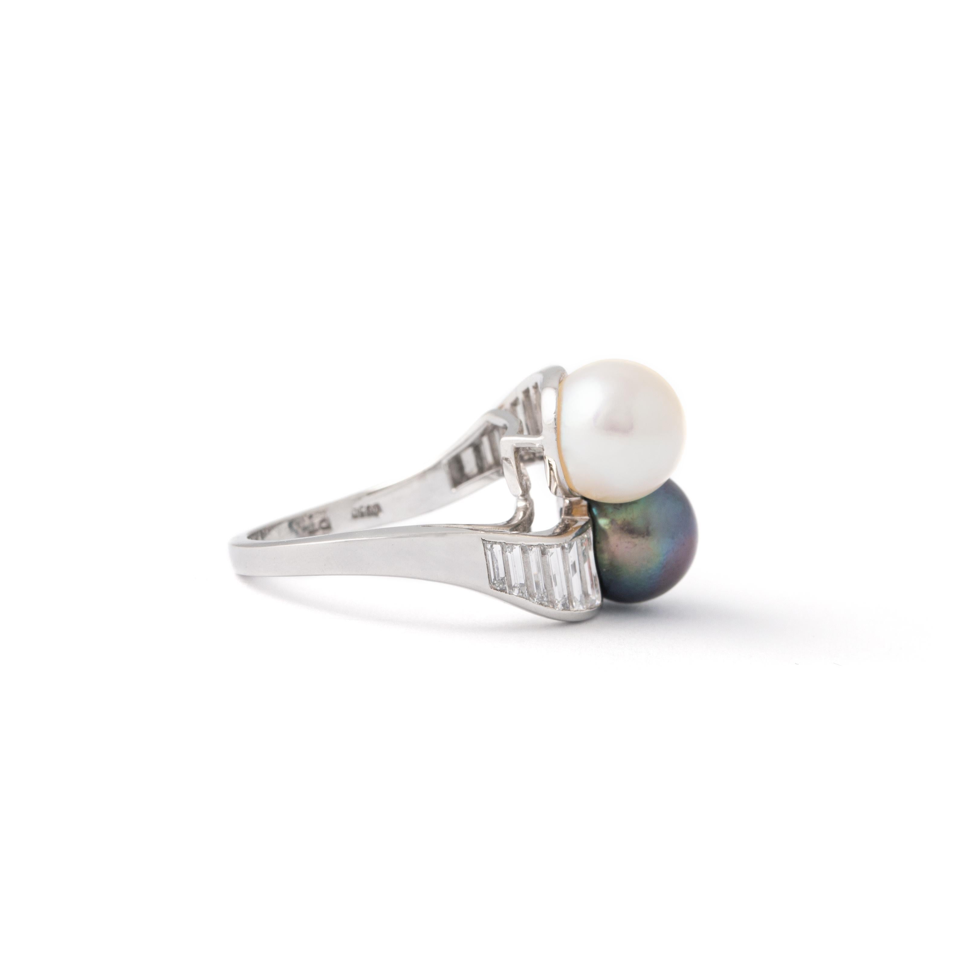 Baguette Cut Crossover Pearls Diamond Platinum Ring  For Sale
