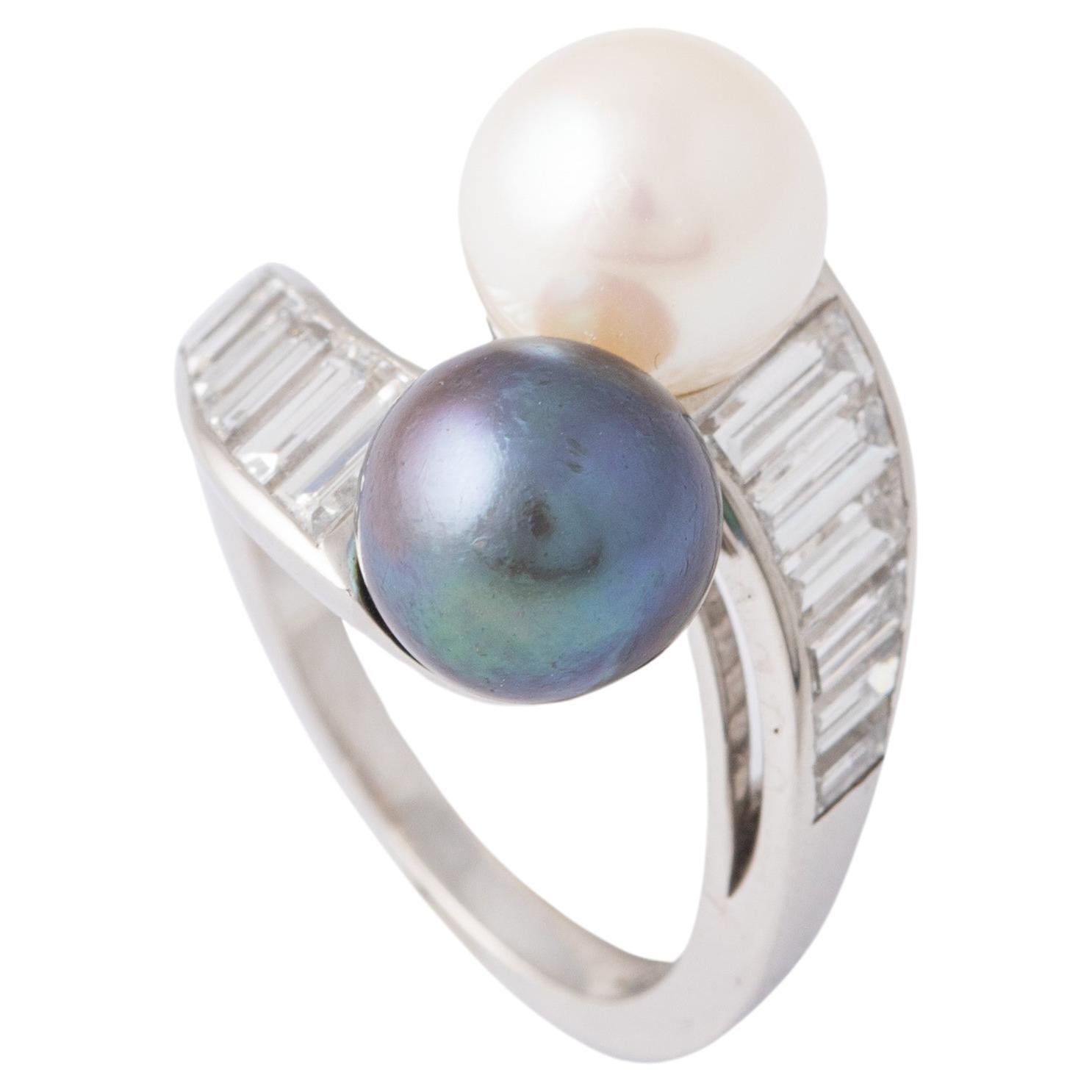 Crossover Pearls Diamond Platinum Ring  For Sale