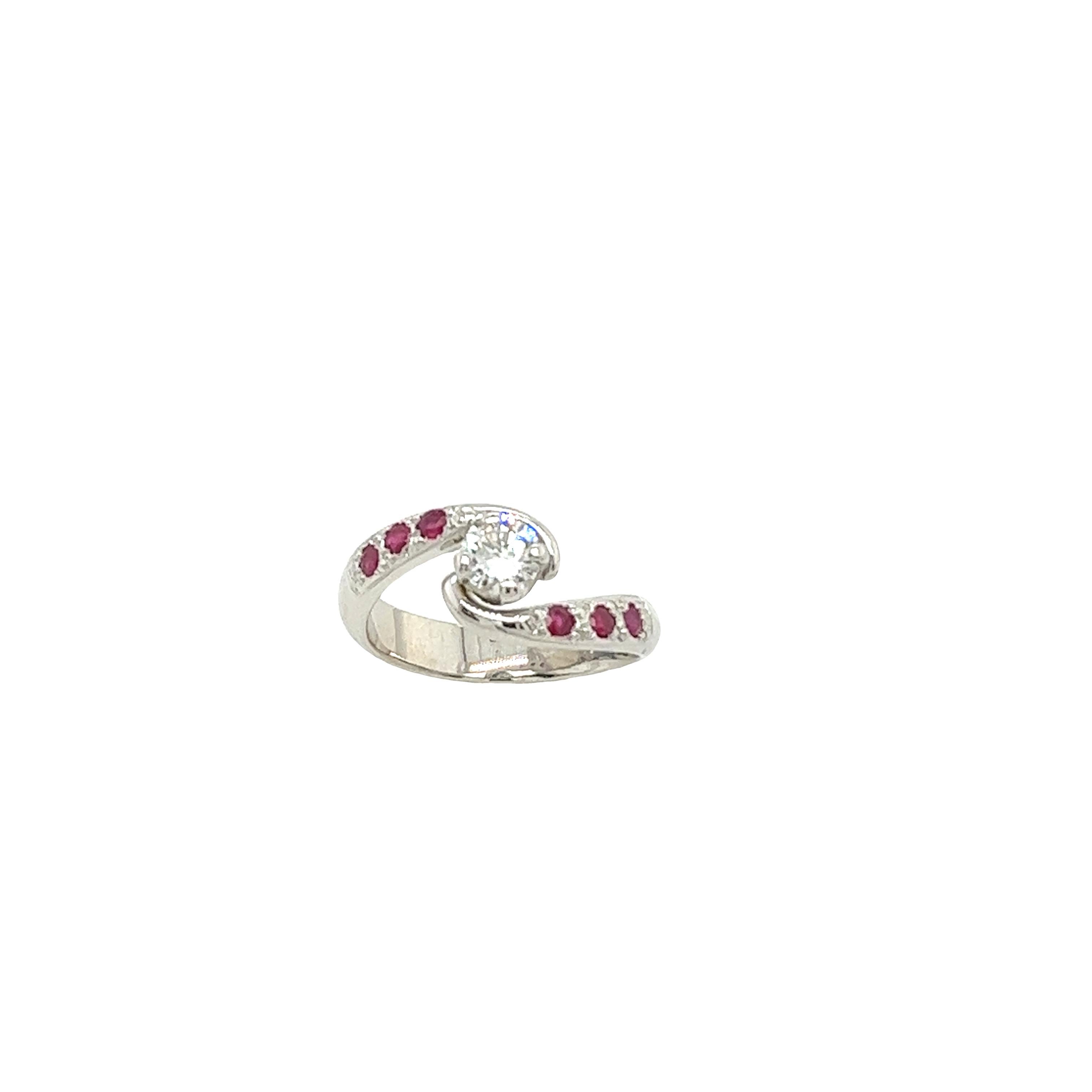 Crossover Platinum Solitaire Round Diamond Engagement Ring 0.33ct with 6 Rubies In Excellent Condition In London, GB