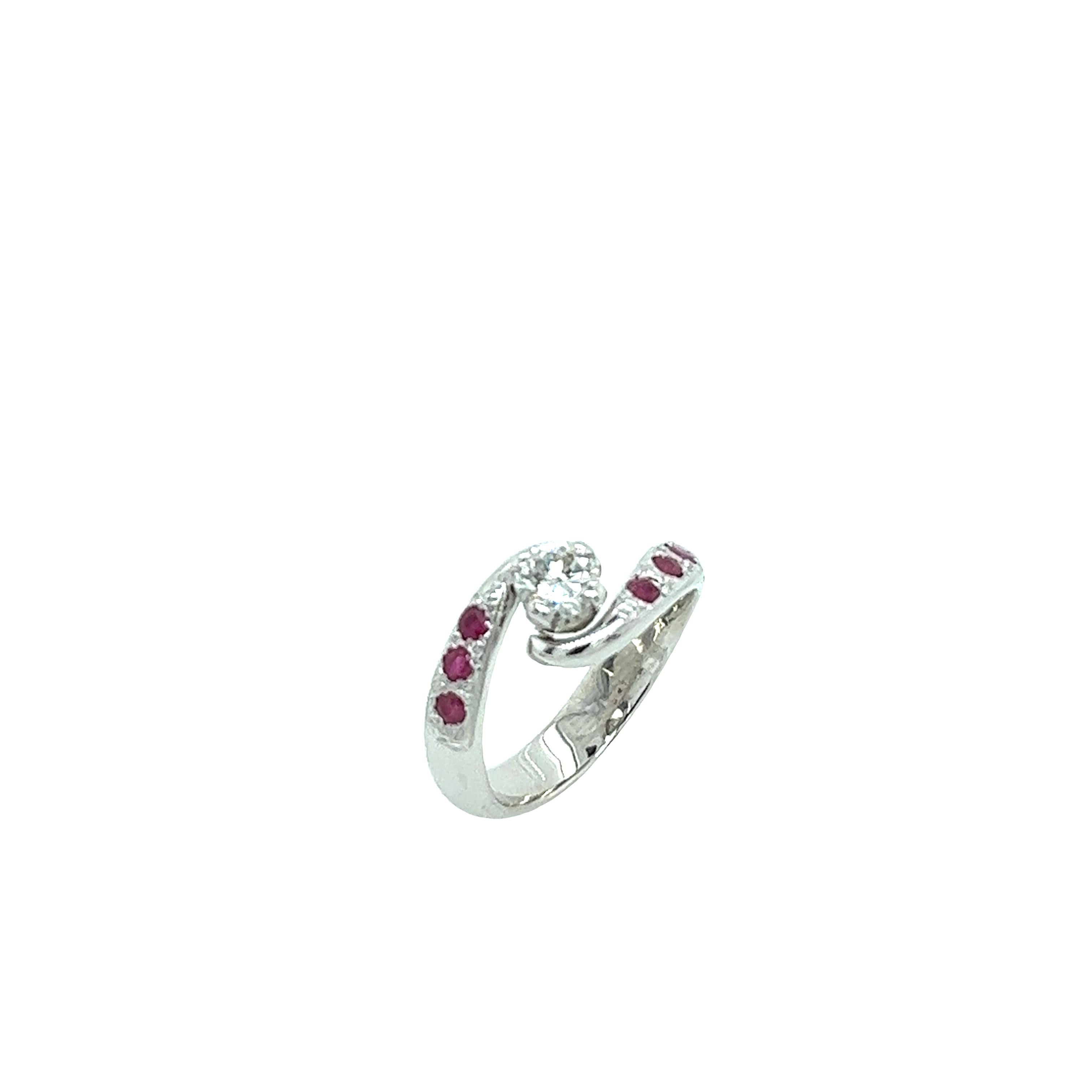 Women's Crossover Platinum Solitaire Round Diamond Engagement Ring 0.33ct with 6 Rubies