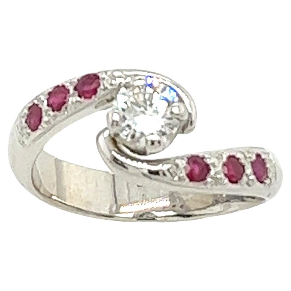 Crossover Platinum Solitaire Round Diamond Engagement Ring 0.33ct with 6 Rubies