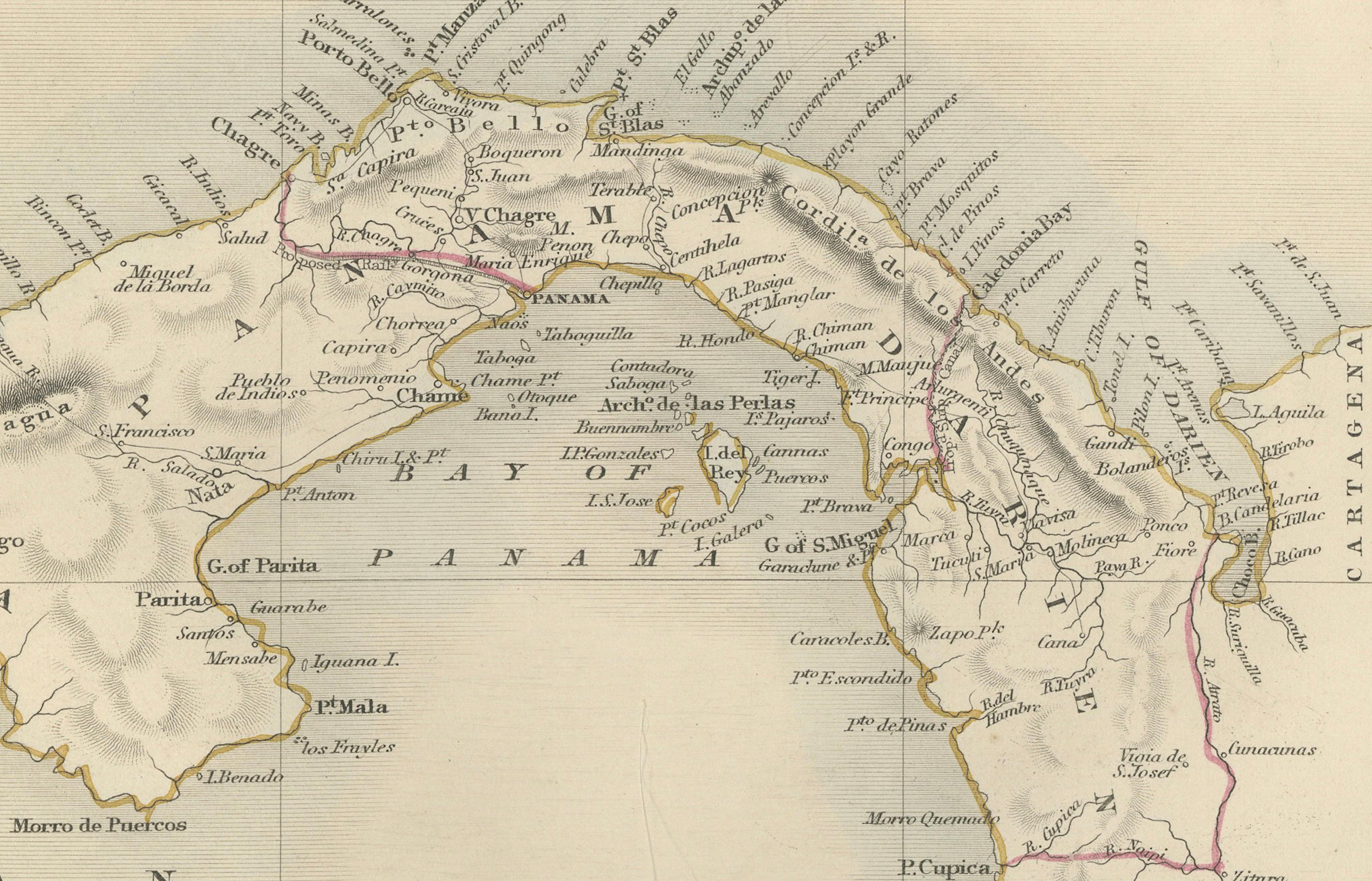 Die Tallis-Karte des Isthmus von Panama ist ein wunderschönes, detailliertes Werk, das charakteristisch für die Karten von John Tallis & Company ist, einem der letzten kartografischen Unternehmen, das seine Karten mit solch aufwändigen