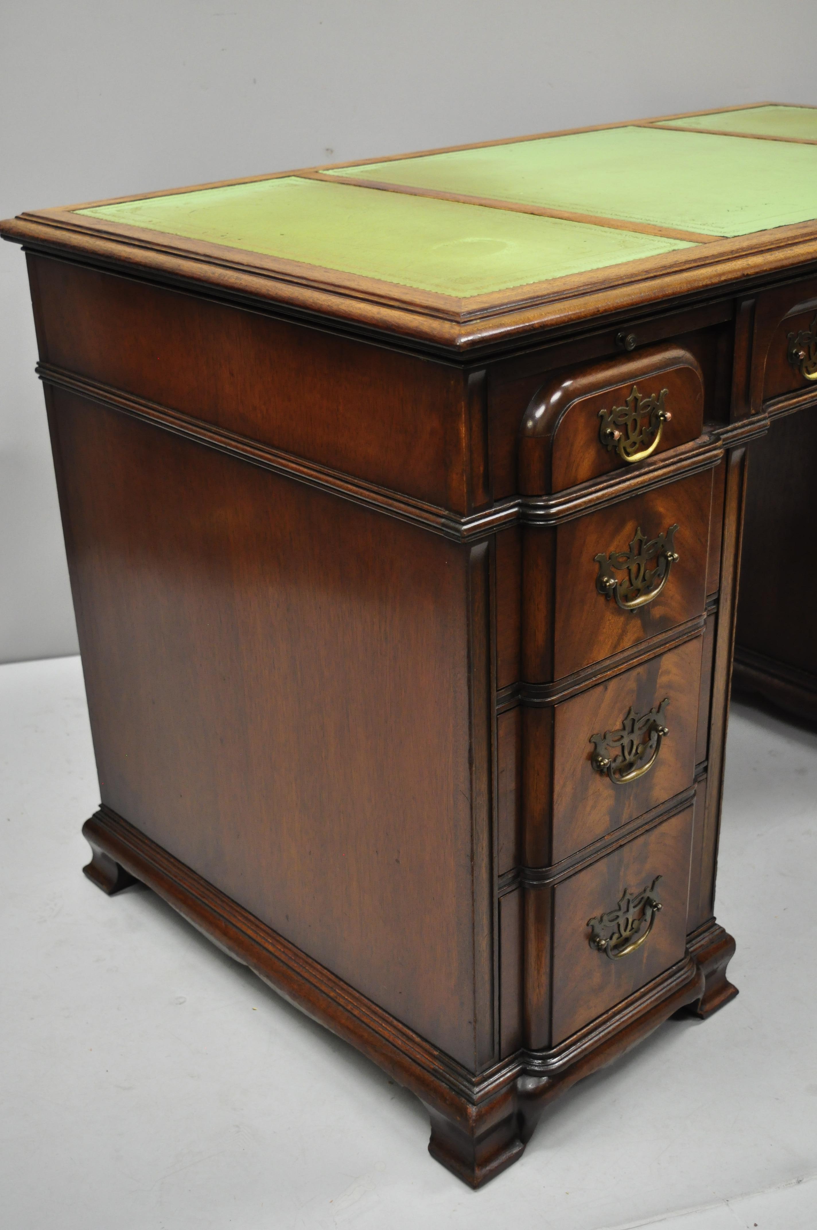 American Crotch Mahogany Chippendale Block Front Green Leather Top Knee Hole Writing Desk