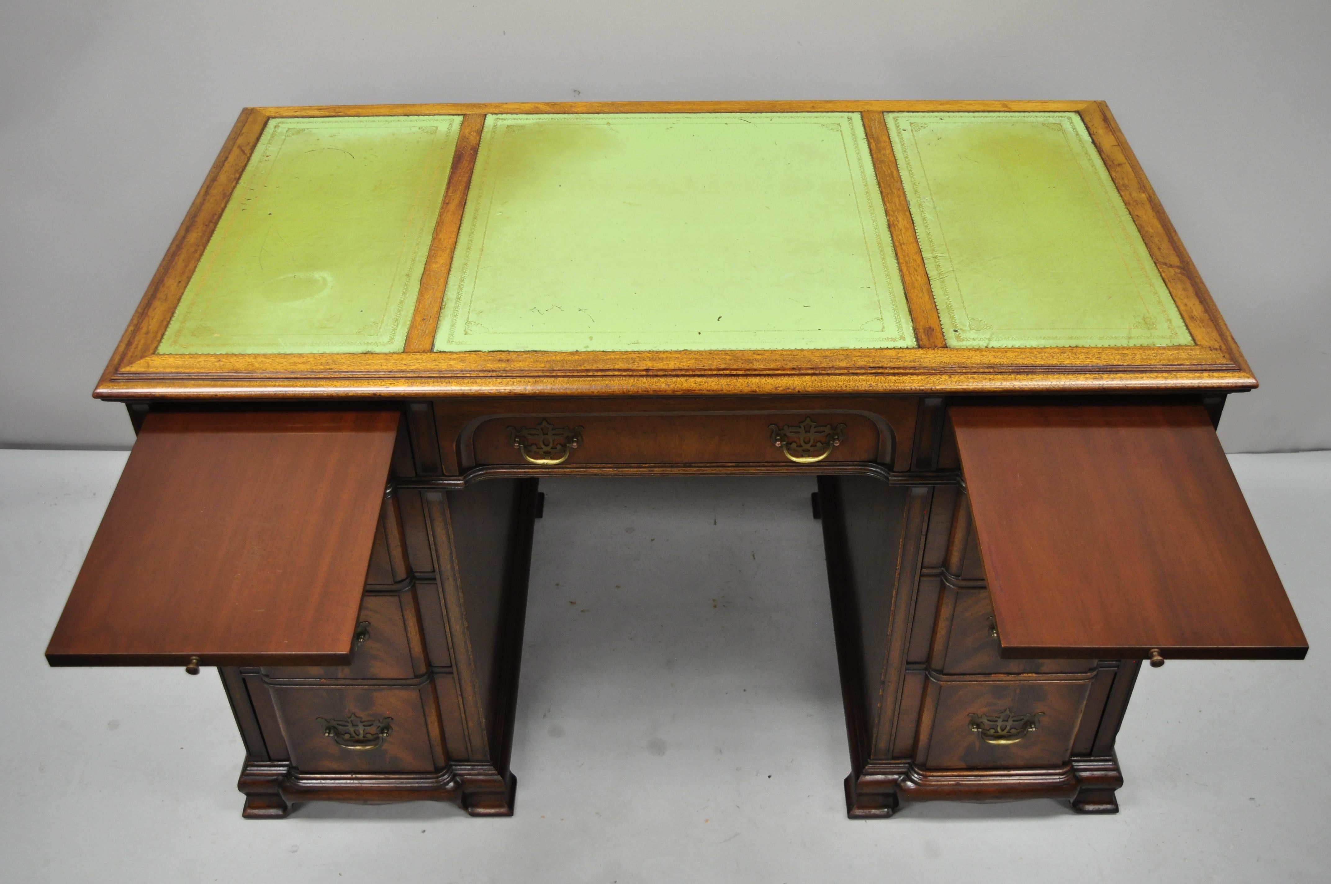 20th Century Crotch Mahogany Chippendale Block Front Green Leather Top Knee Hole Writing Desk