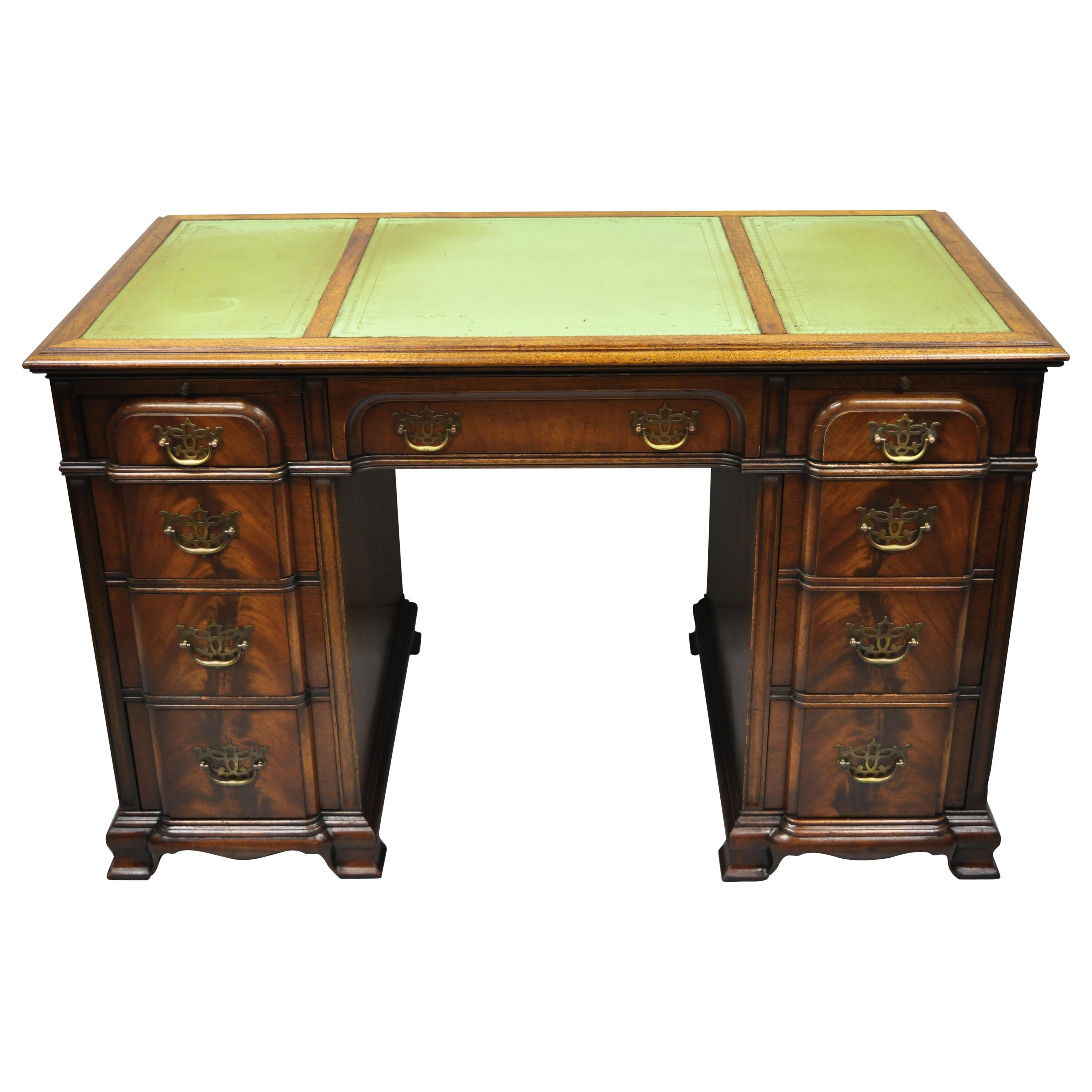 Crotch Mahogany Chippendale Block Front Green Leather Top Knee Hole Writing Desk