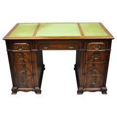 Antique Crotch Mahogany Chippendale Block Front Green Leather Top Knee Hole Writing Desk