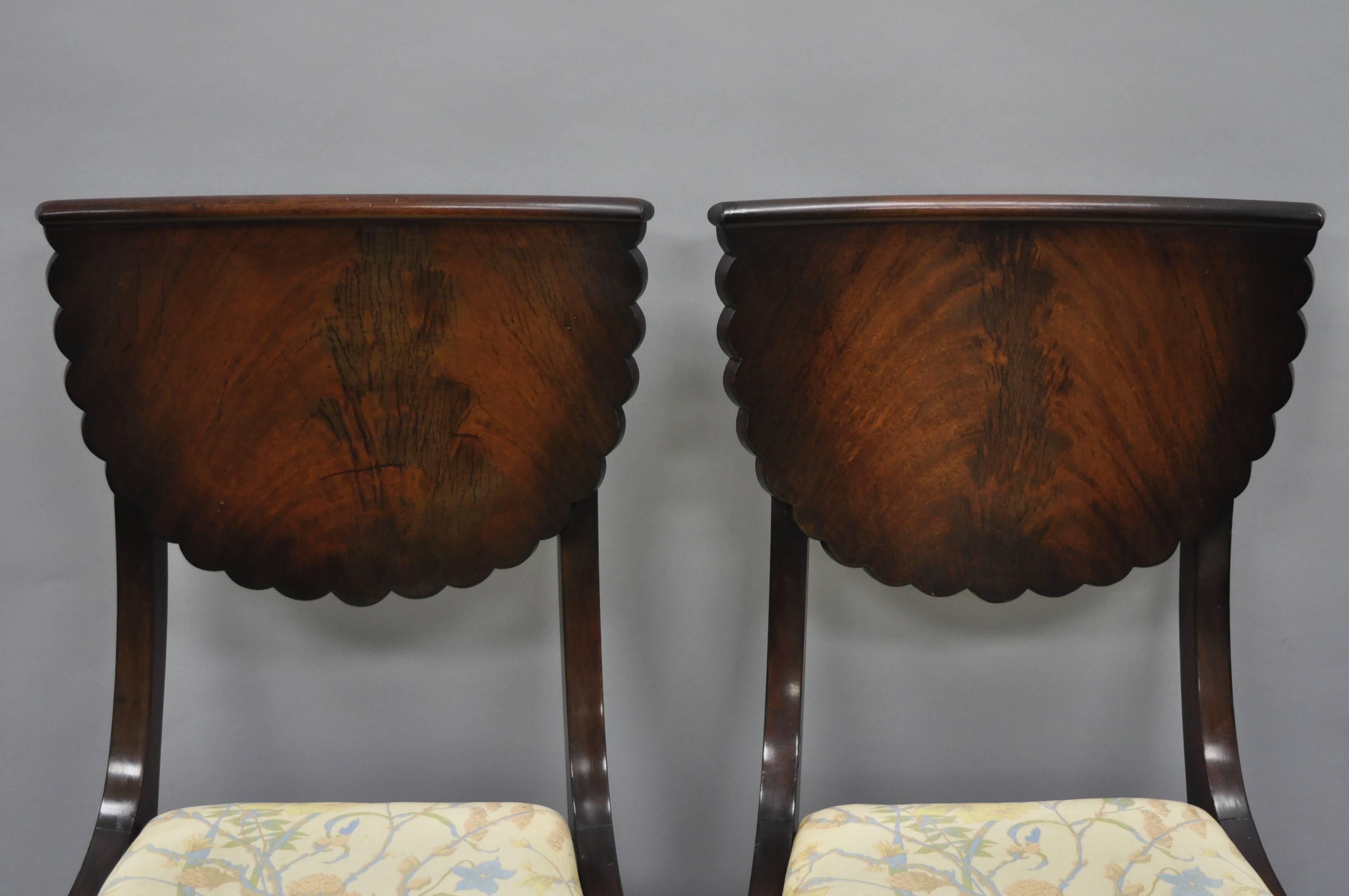 Carved Set of 6 Crotch Mahogany Hoof Foot Regency Style Klismos Saber Leg Dining Chairs