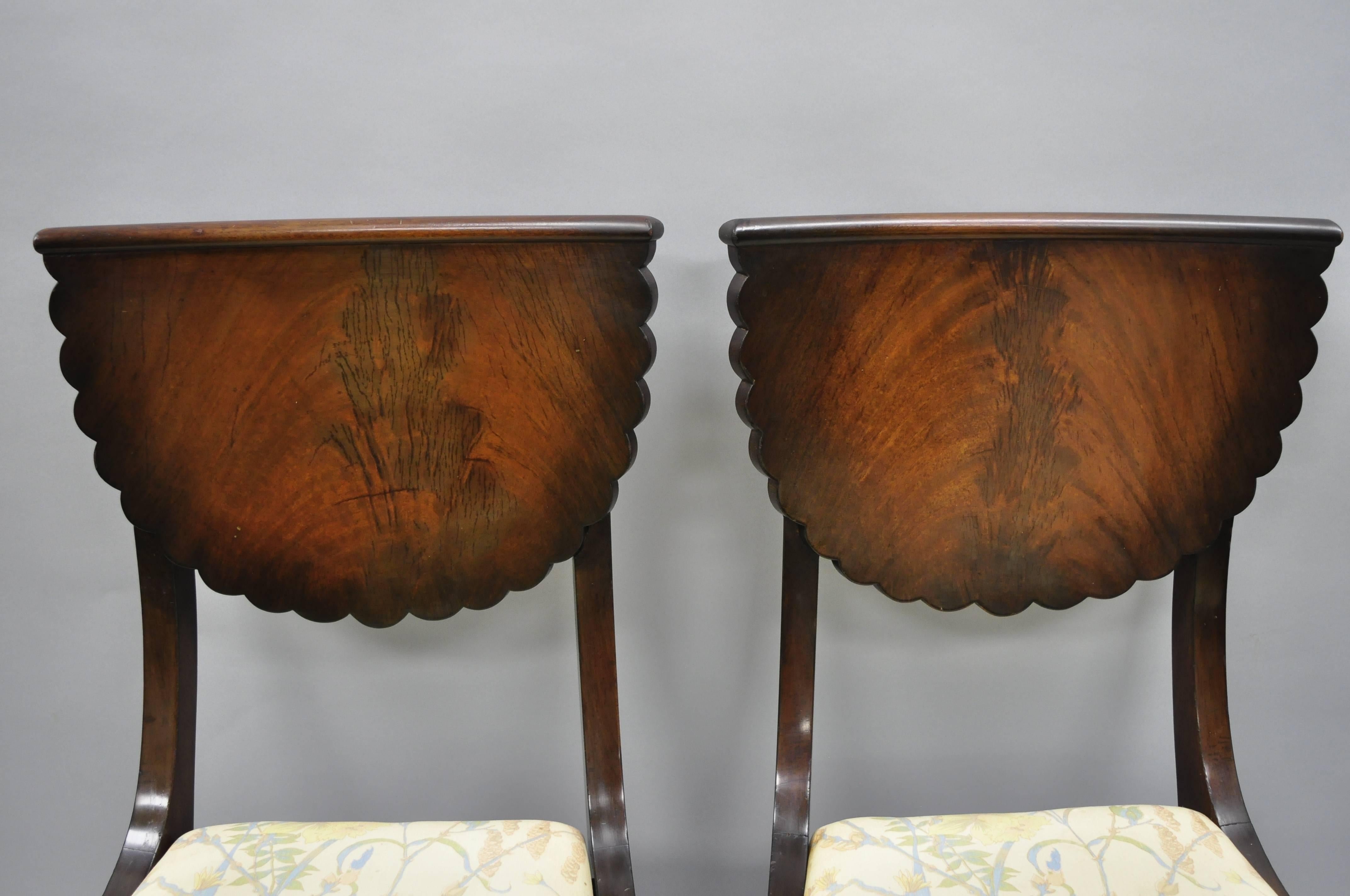 20th Century Set of 6 Crotch Mahogany Hoof Foot Regency Style Klismos Saber Leg Dining Chairs