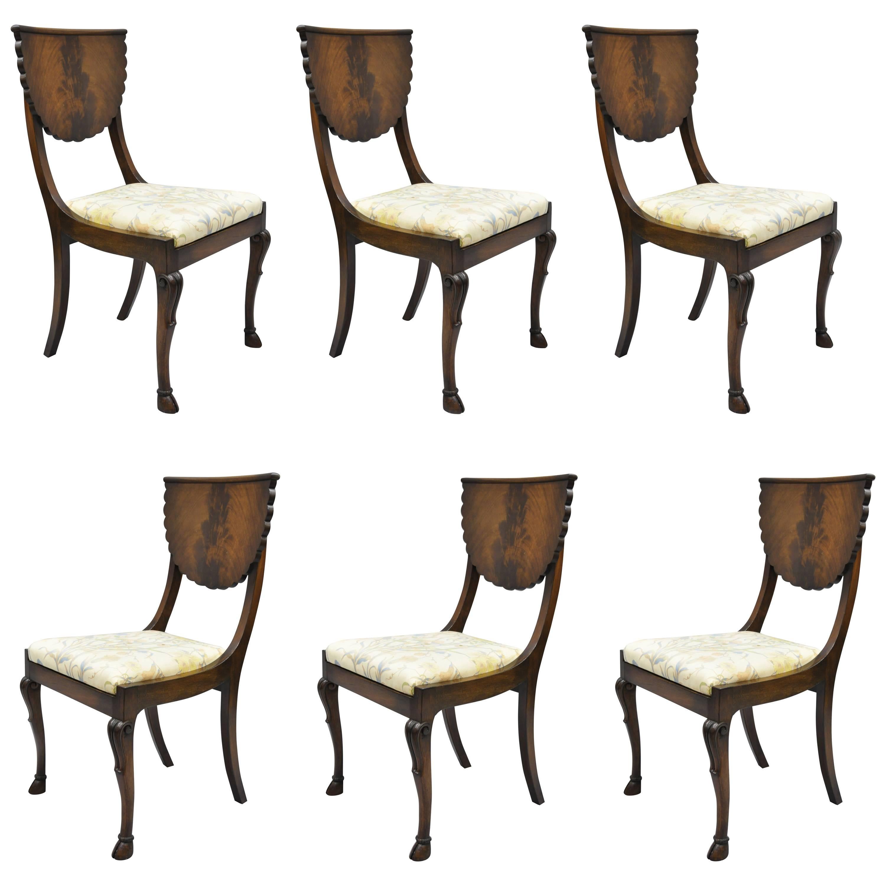 Set of 6 Crotch Mahogany Hoof Foot Regency Style Klismos Saber Leg Dining Chairs