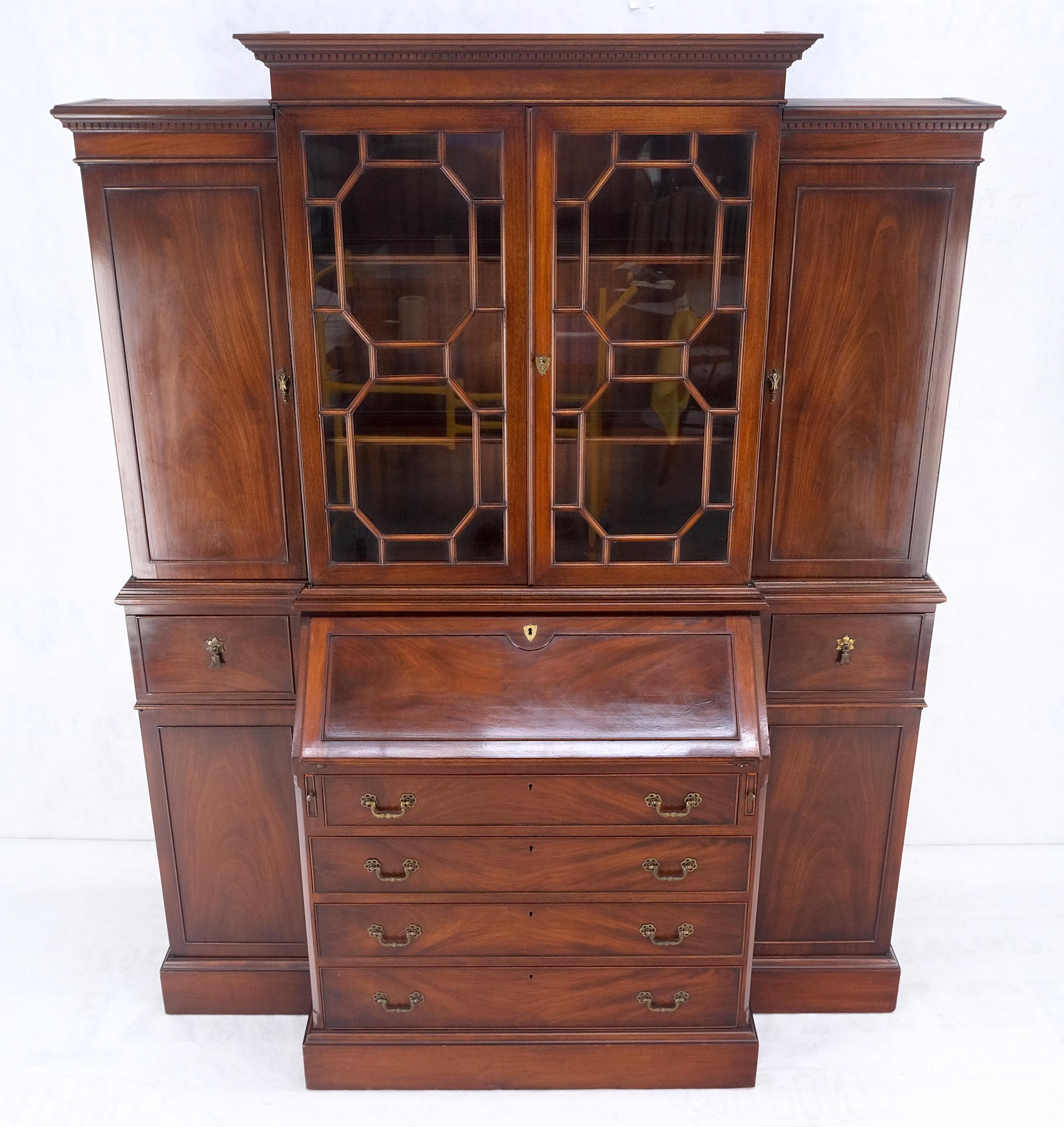 20th Century Crotch Mahogany Individual Glass Pains Door Drop Front Secretary Breakfront MINT For Sale