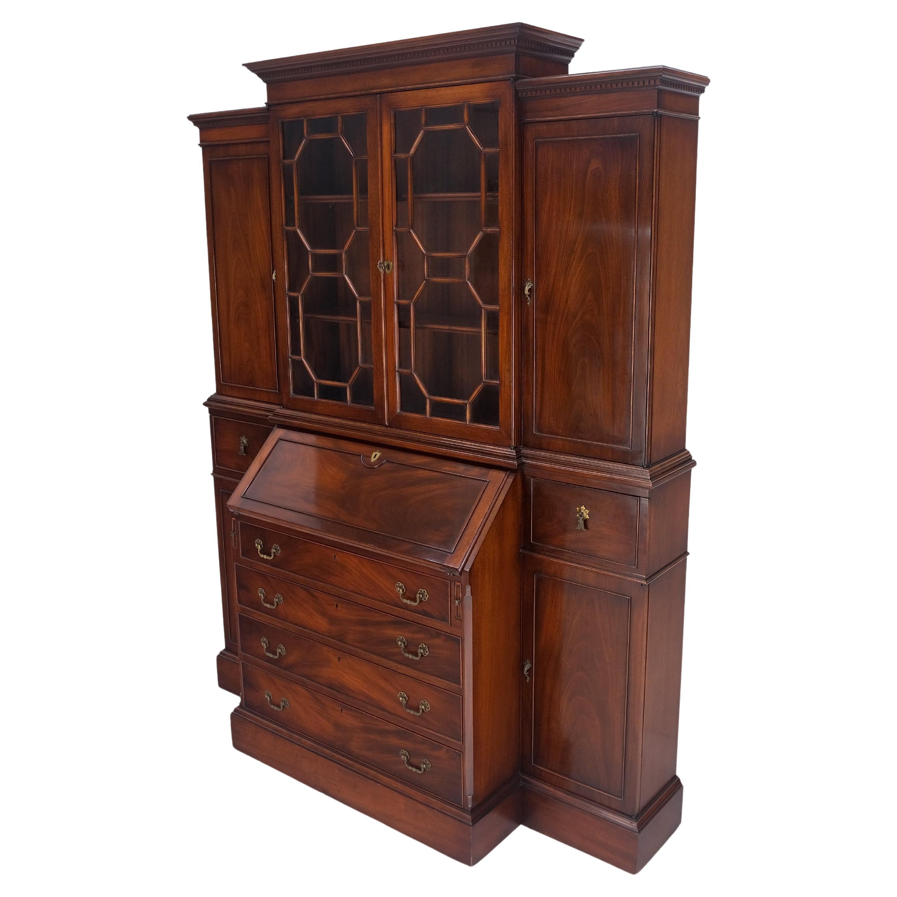Crotch Mahogany Individual Glass Pains Door Drop Front Secretary Breakfront MINT For Sale