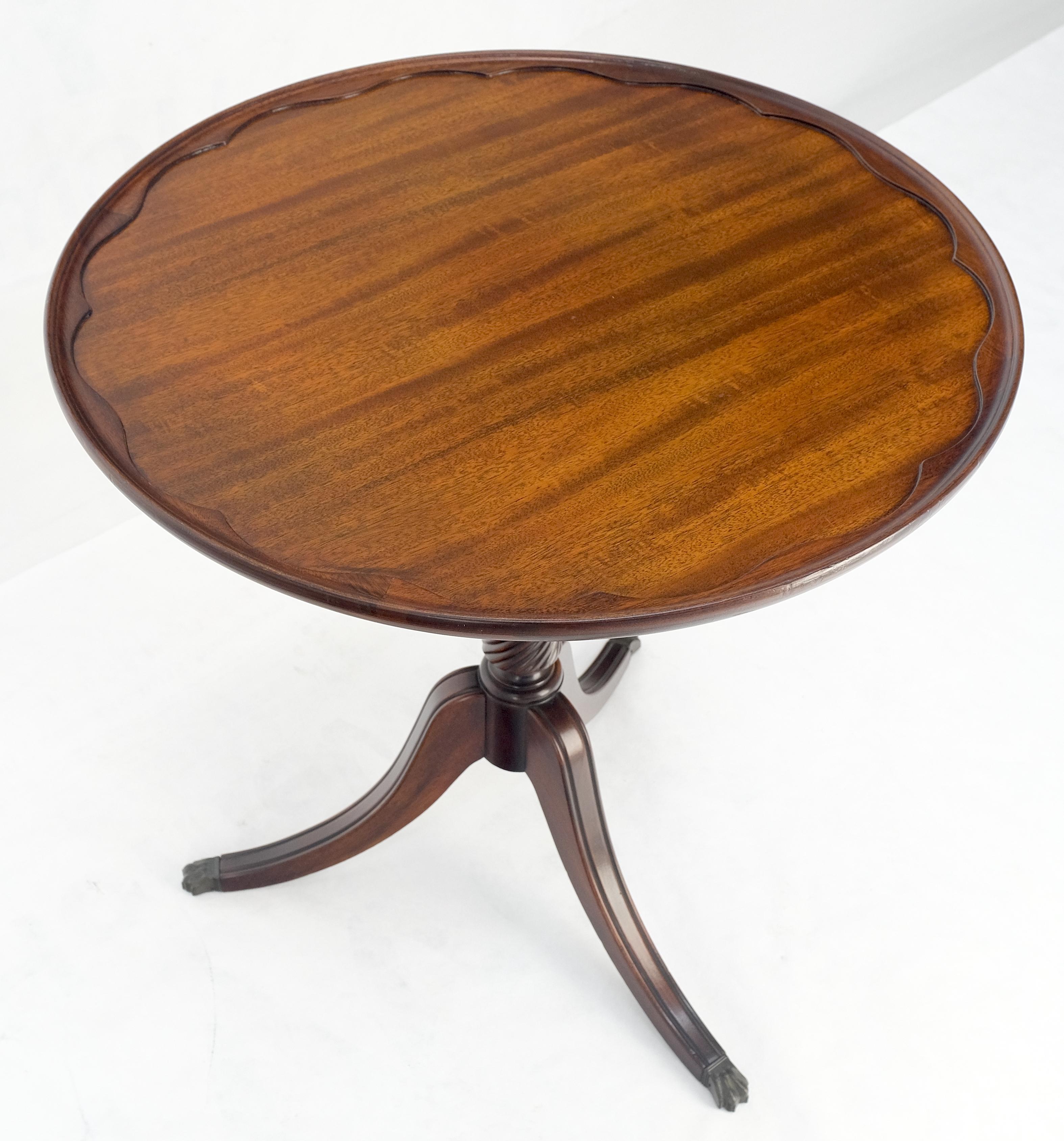 Crotch Mahogany Pie Crust Turned Tripod Base Brass Claw Feet Lamp Table MINT For Sale 4