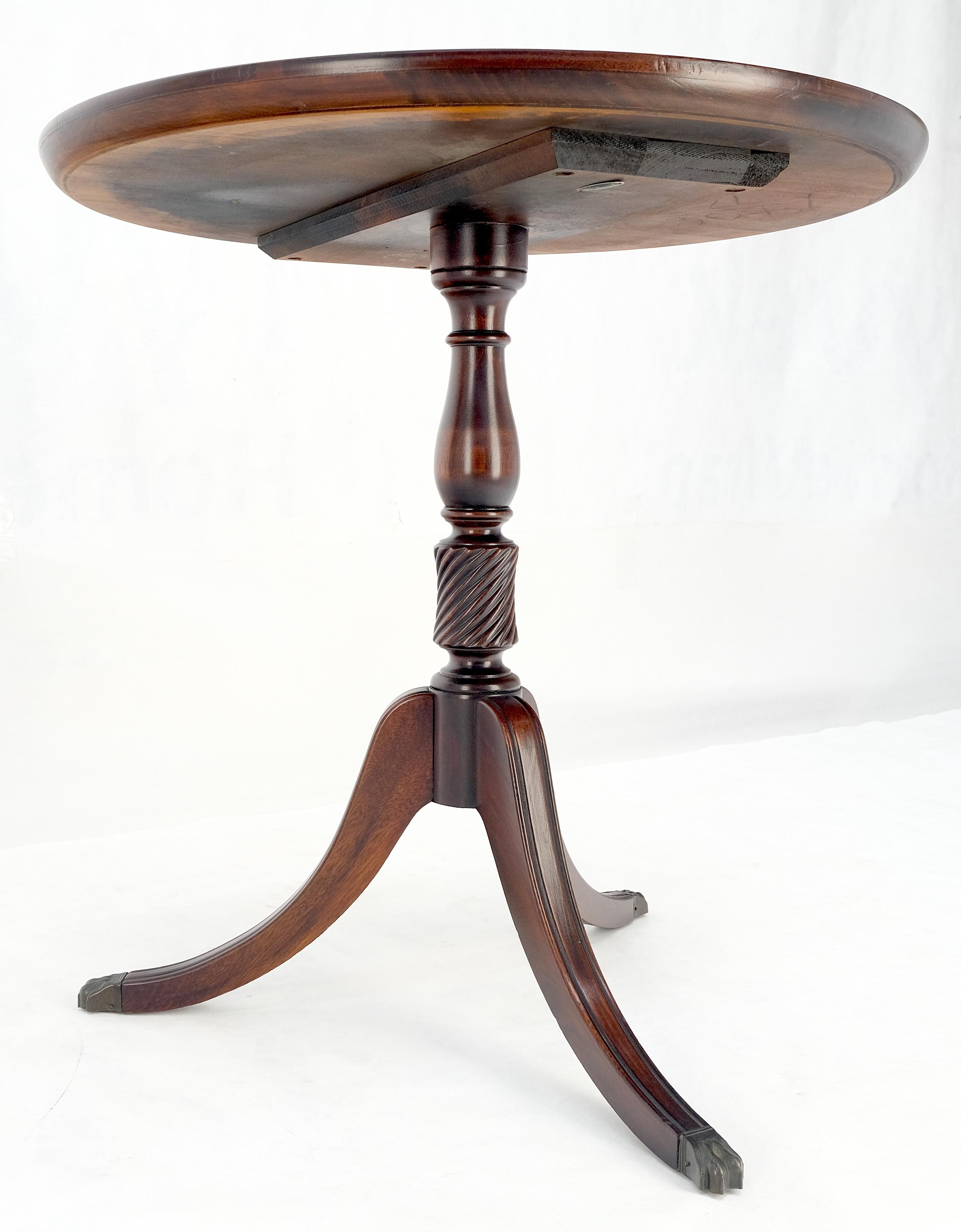 Crotch Mahogany Pie Crust Turned Tripod Base Brass Claw Feet Lamp Table MINT For Sale 5