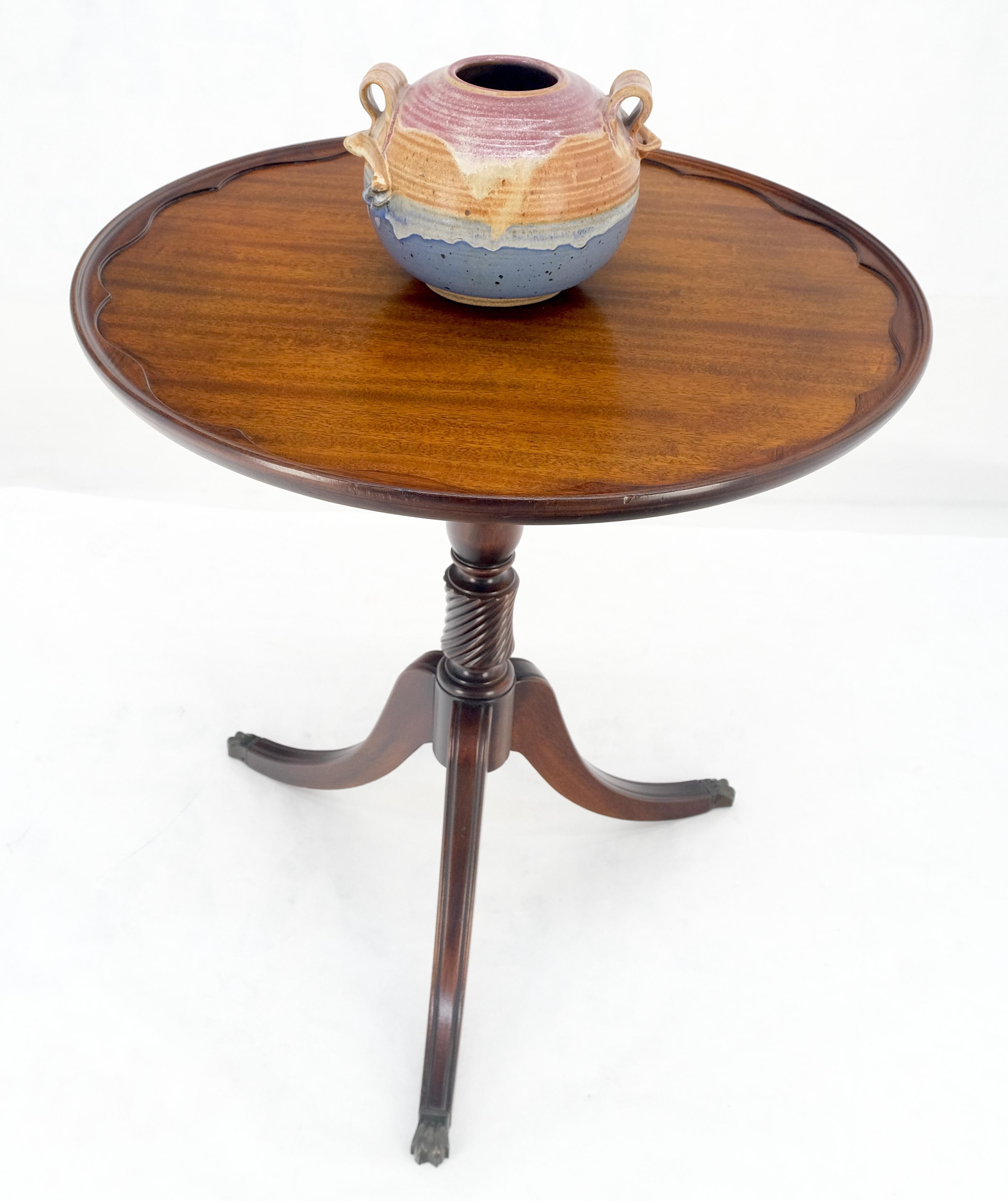 Lacquered Crotch Mahogany Pie Crust Turned Tripod Base Brass Claw Feet Lamp Table MINT For Sale