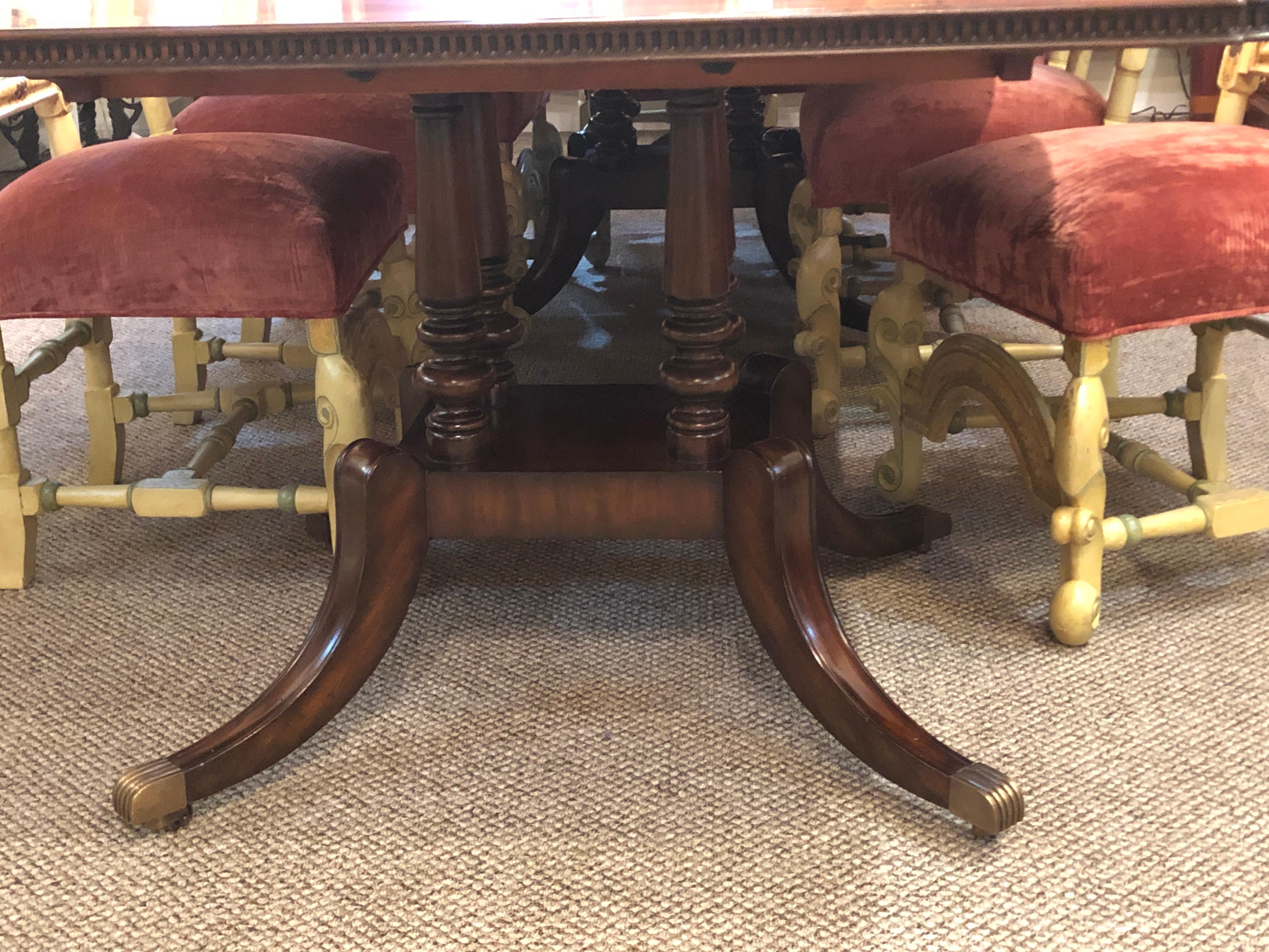 Crotch Mahogany Satinwood Banded Double Pedestal Quad Leg Dining Table 5