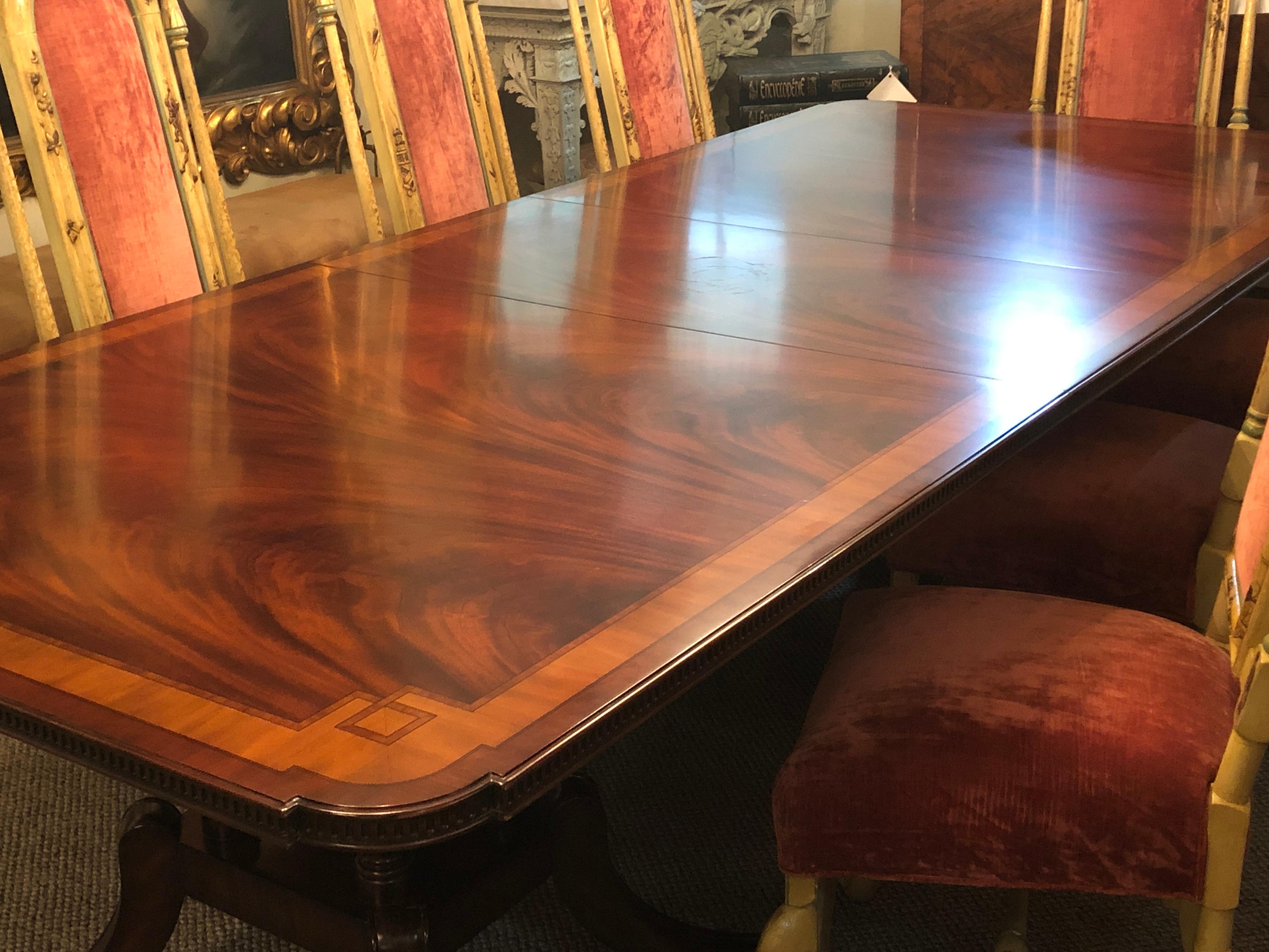 20th Century Crotch Mahogany Satinwood Banded Double Pedestal Quad Leg Dining Table
