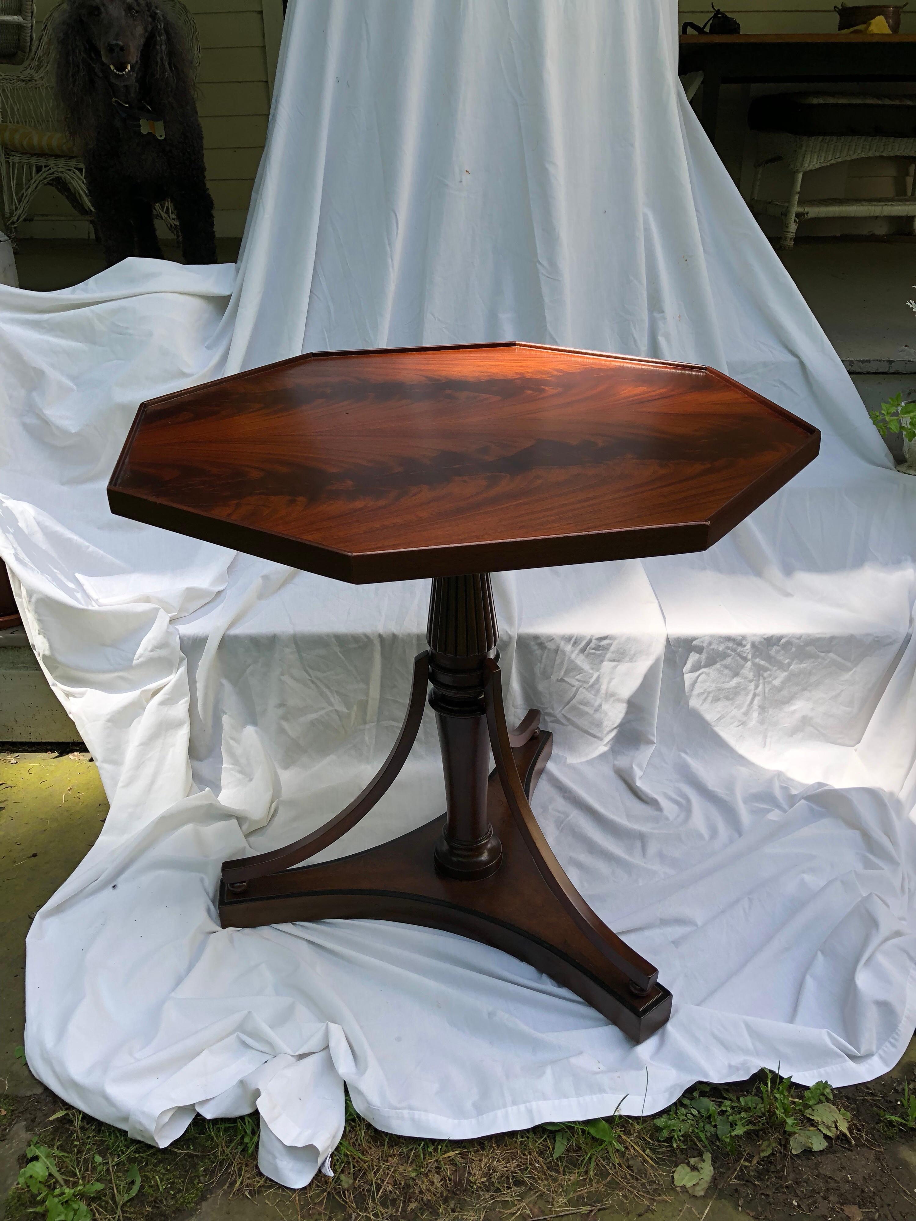 Sheraton style octagonal table in beautiful crotch mahogany on a tripod pedestal base. Base decorated with black painted stringing.