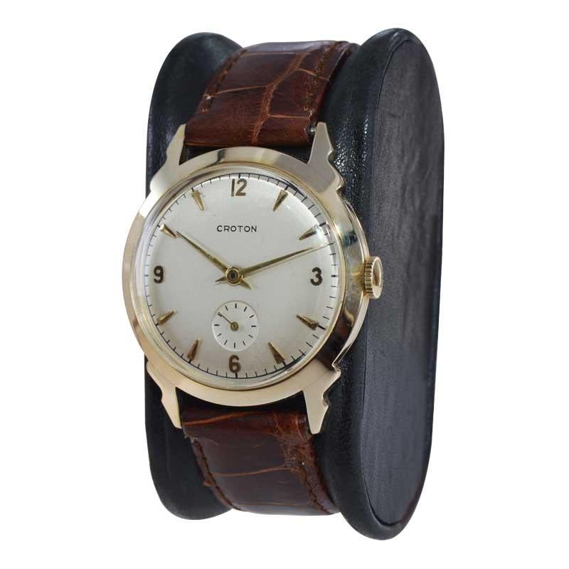 FACTORY / HOUSE: Croton Watch Company
STYLE / REFERENCE: Art Deco / Round
METAL / MATERIAL: 14Kt. Solid Gold
CIRCA / YEAR: 1950's
DIMENSIONS / SIZE: 38mm x 32mm
MOVEMENT / CALIBER: Manual Winding / 17 Jewels / Cal.EJRC2097
DIAL / HANDS: Original