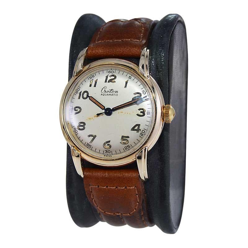Art Deco Croton Aquamatic Gold Filled Watch with Original Patinated Dial and Hands 1940's