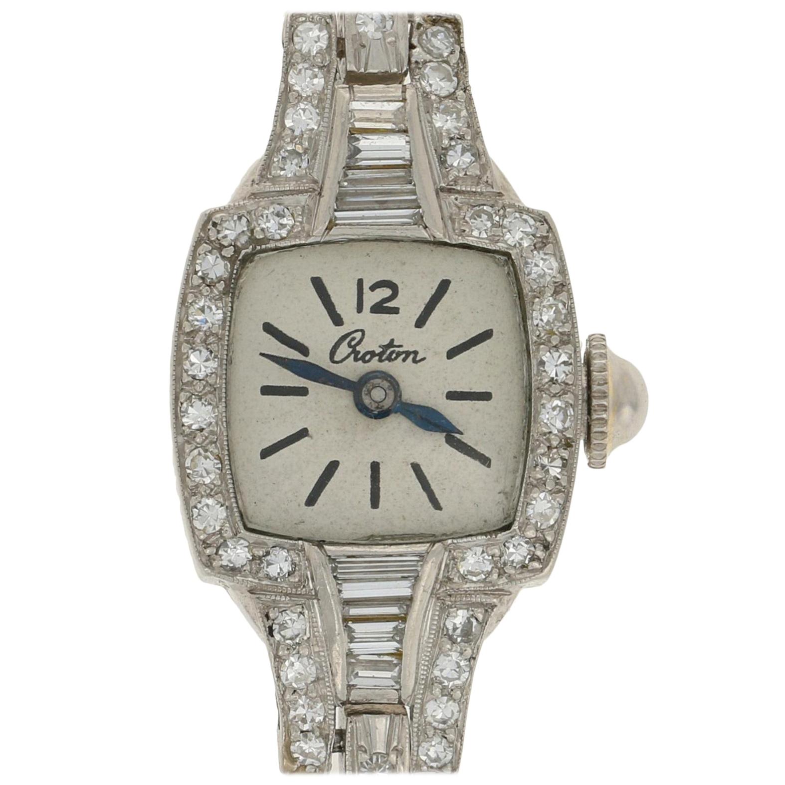Croton Art Deco Diamond Ladies Watch 900 Platinum Mechanical 2Yr. Wnty 1.34ctw