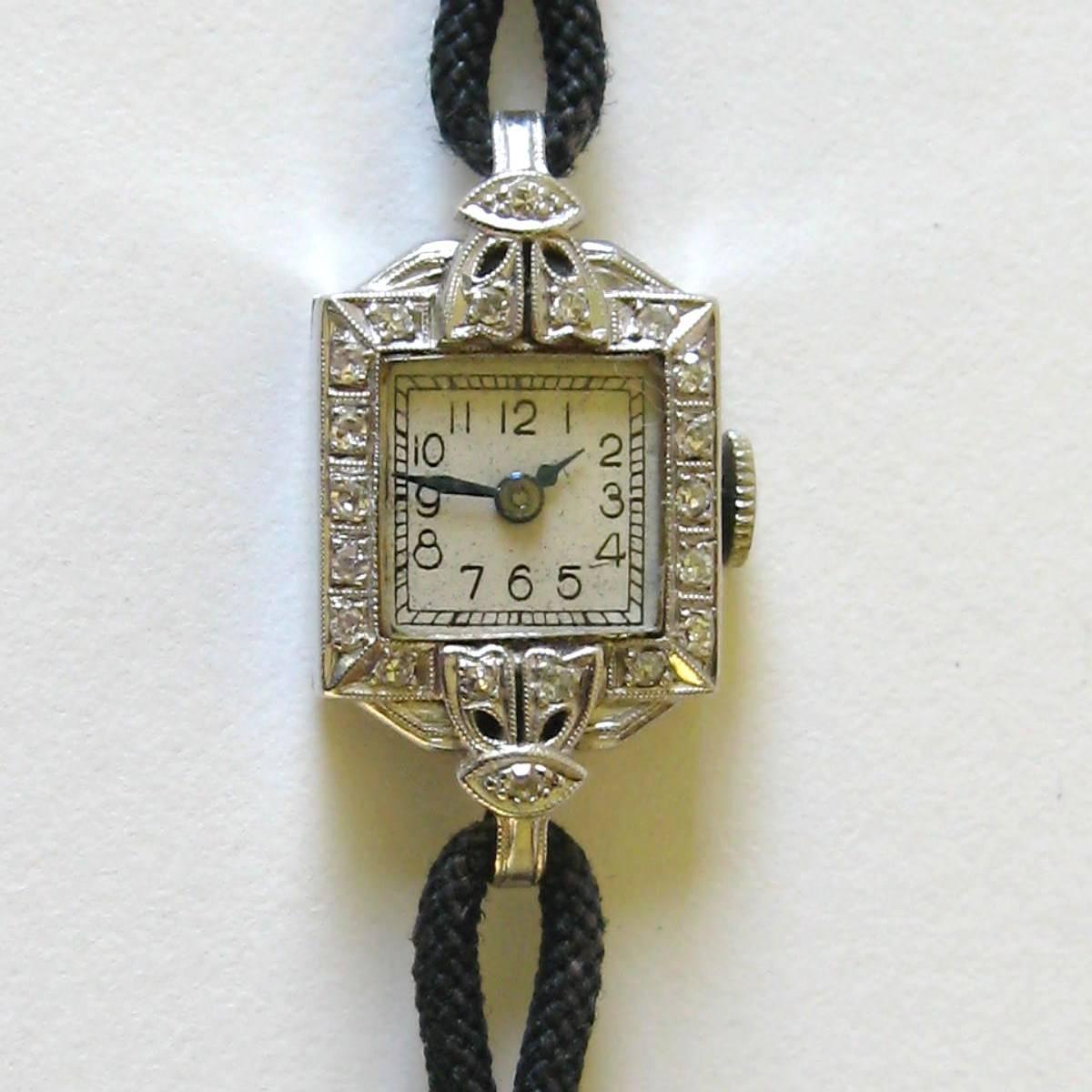 Croton Ladies platinum and diamond wristwatch, 17-jewel manual-wind movement. Measuring 13 mm wide x 26 mm, 6.25 in Long for a small wrist. In working condition.  Be sure to check our store front for more fabulous pieces from this collection. We