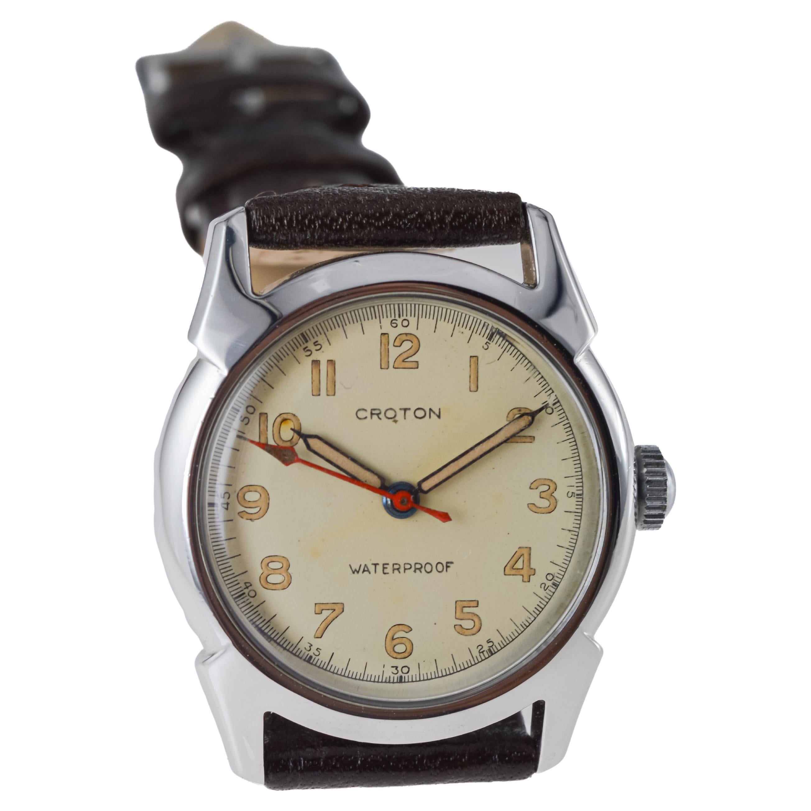 Croton, montre de sport Art déco ronde entièrement d'origine avec cadran d'origine, années 1940 en vente 6