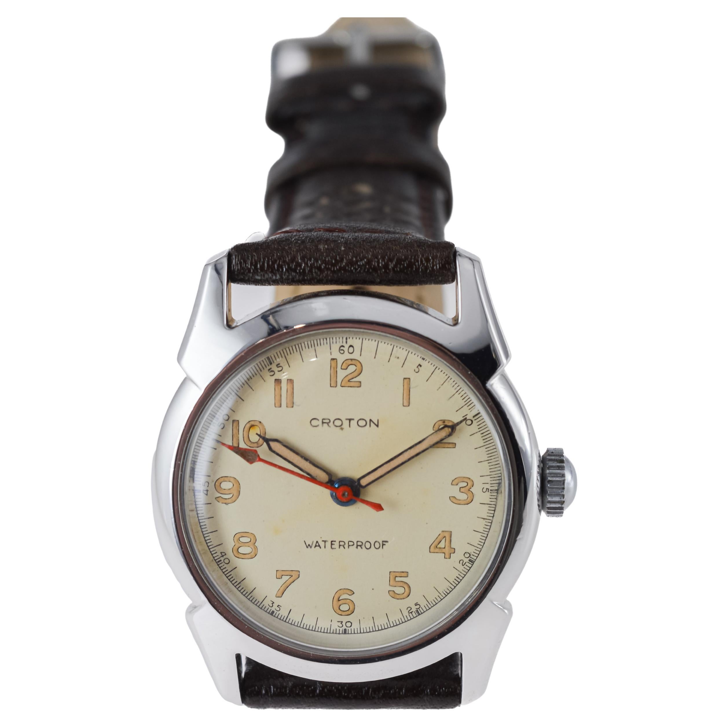 Croton, montre de sport Art déco ronde entièrement d'origine avec cadran d'origine, années 1940 en vente 7