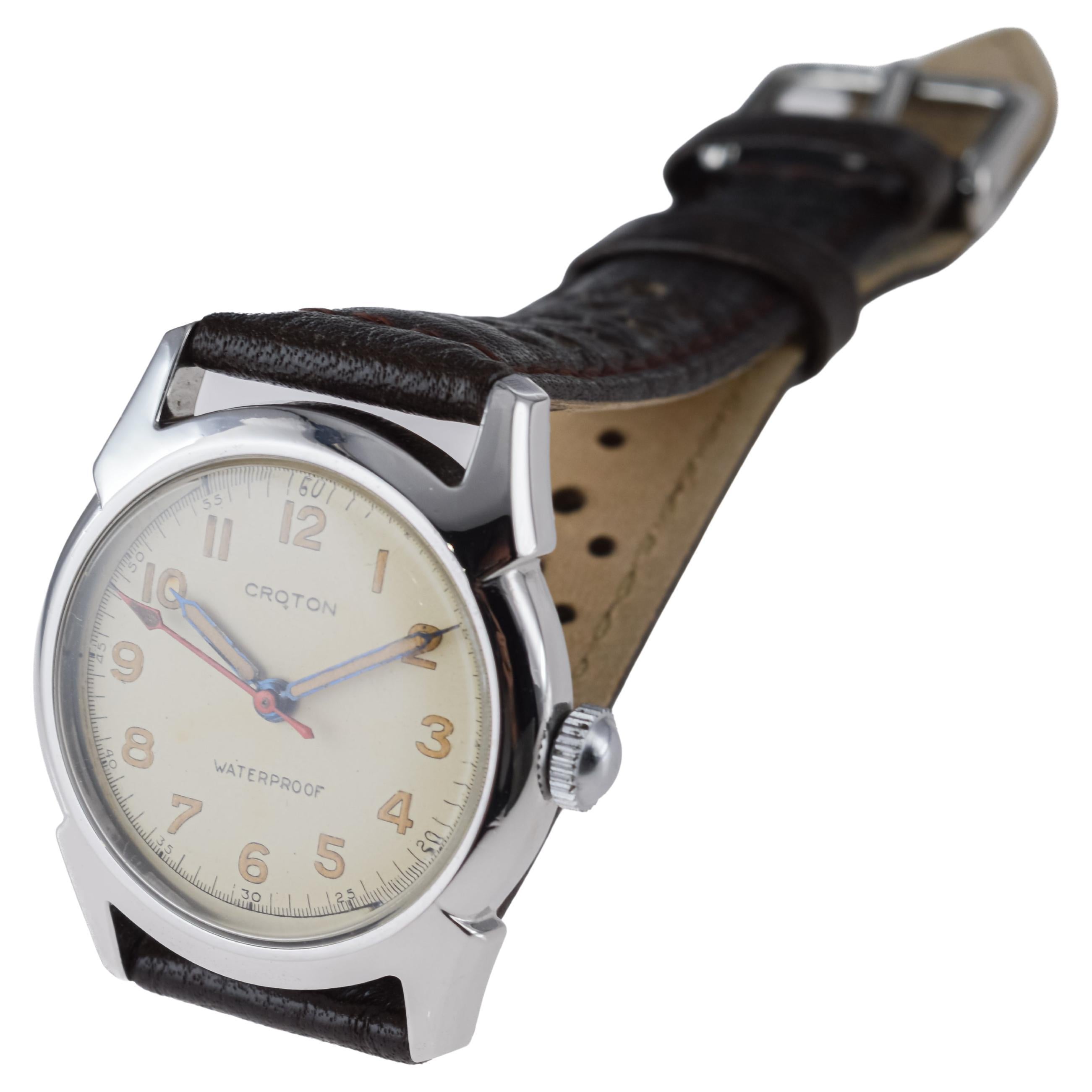 Croton, montre de sport Art déco ronde entièrement d'origine avec cadran d'origine, années 1940 en vente 8