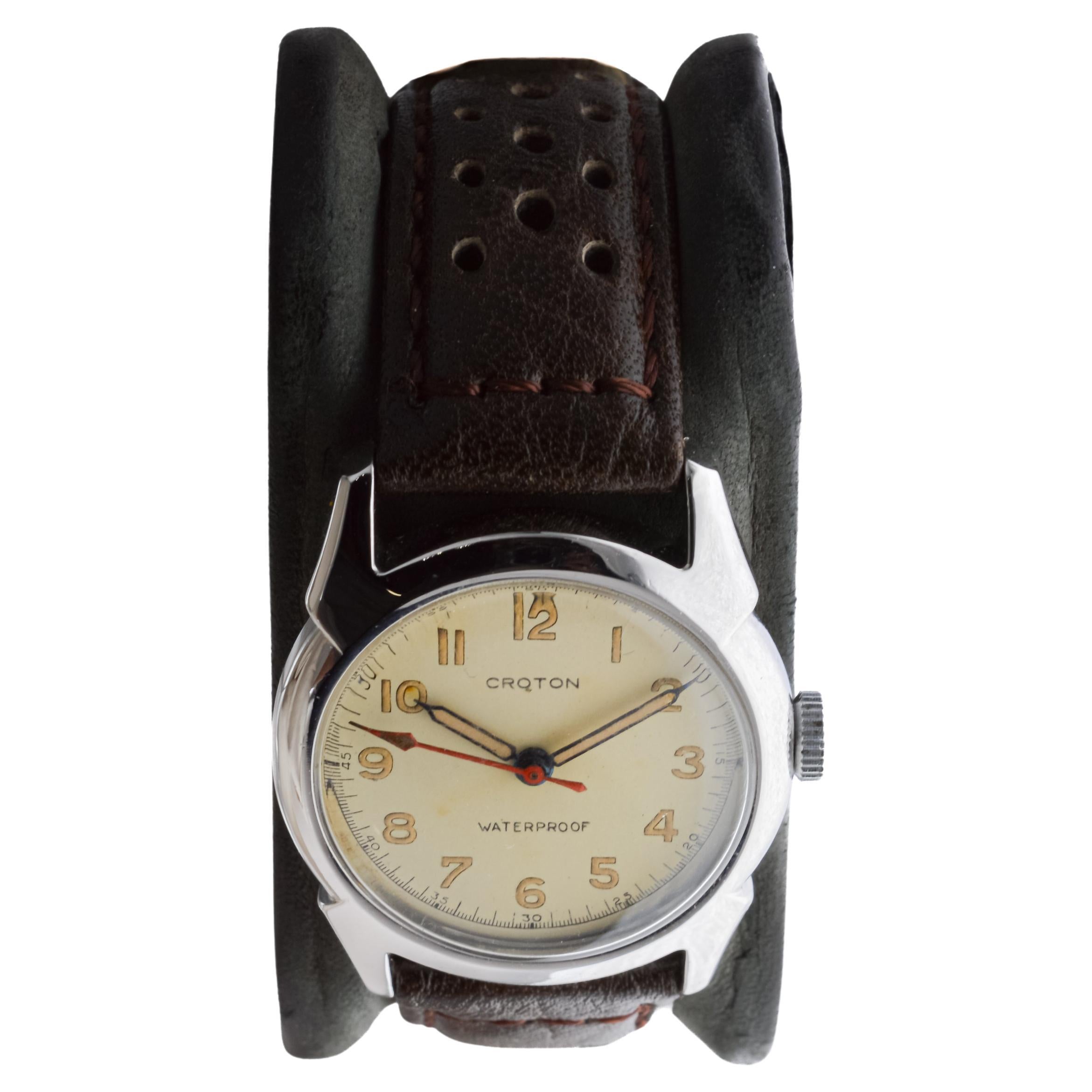 Croton, montre de sport Art déco ronde entièrement d'origine avec cadran d'origine, années 1940 en vente 1