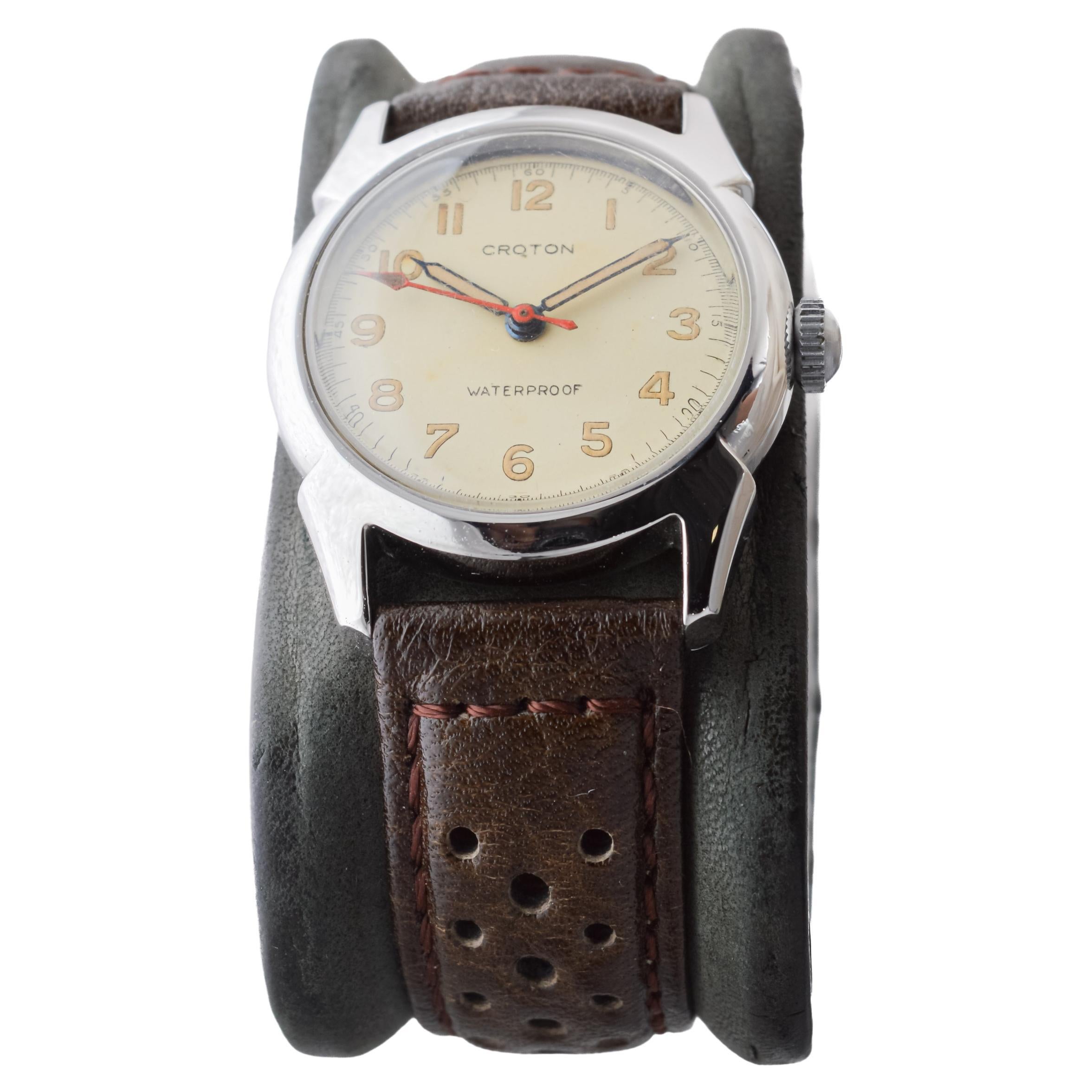 Croton, montre de sport Art déco ronde entièrement d'origine avec cadran d'origine, années 1940 en vente 2