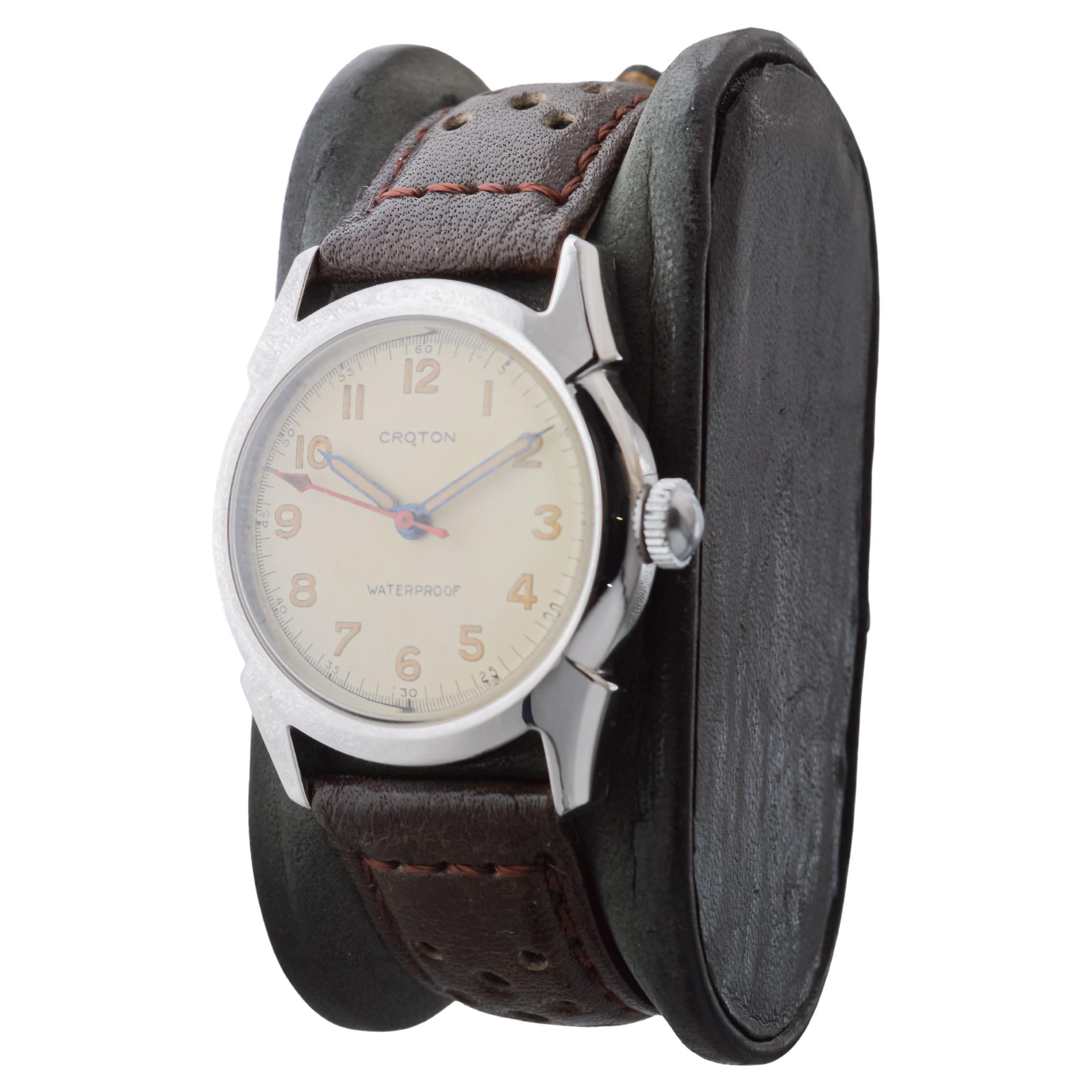 Croton, montre de sport Art déco ronde entièrement d'origine avec cadran d'origine, années 1940 en vente 3