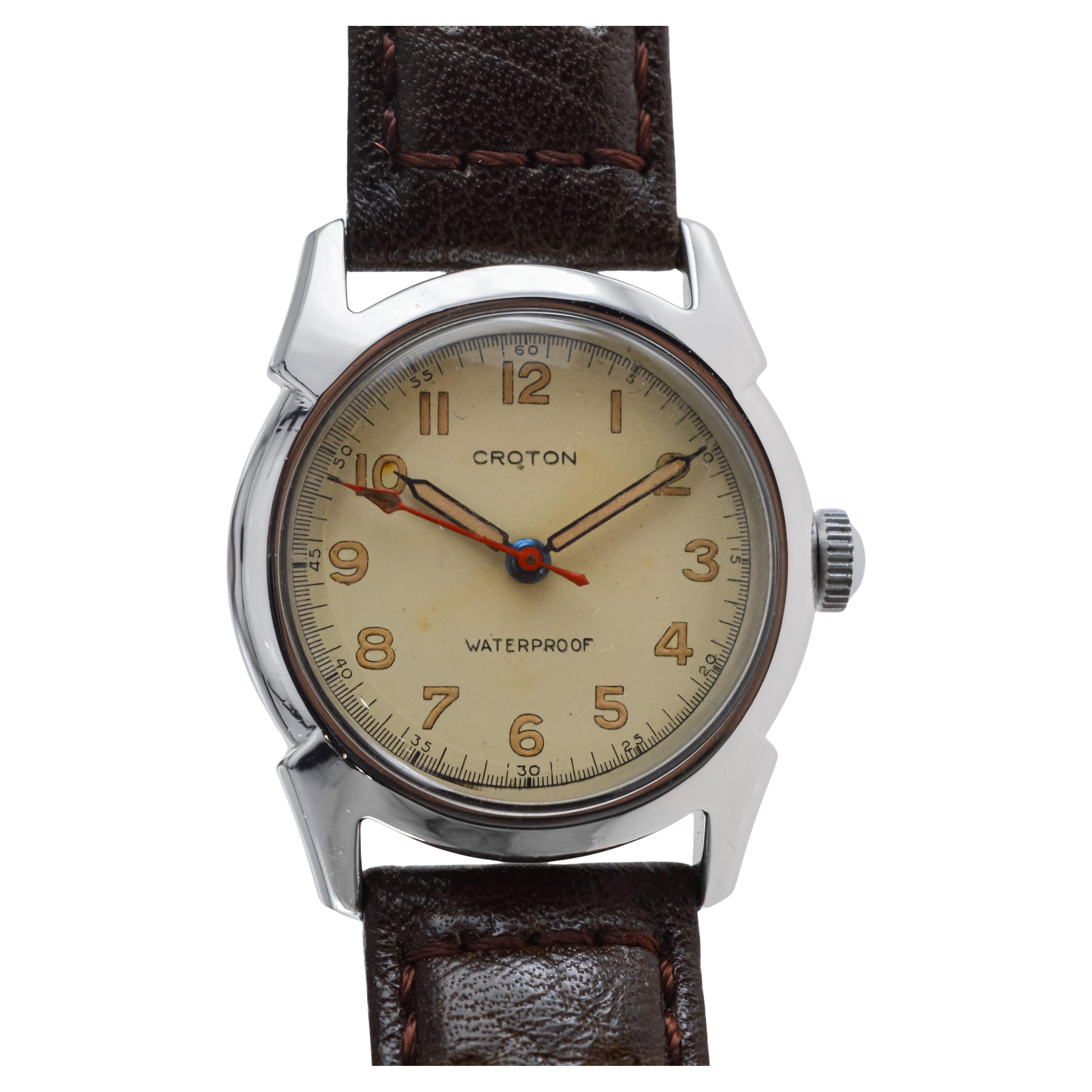 Croton, montre de sport Art déco ronde entièrement d'origine avec cadran d'origine, années 1940 en vente 4