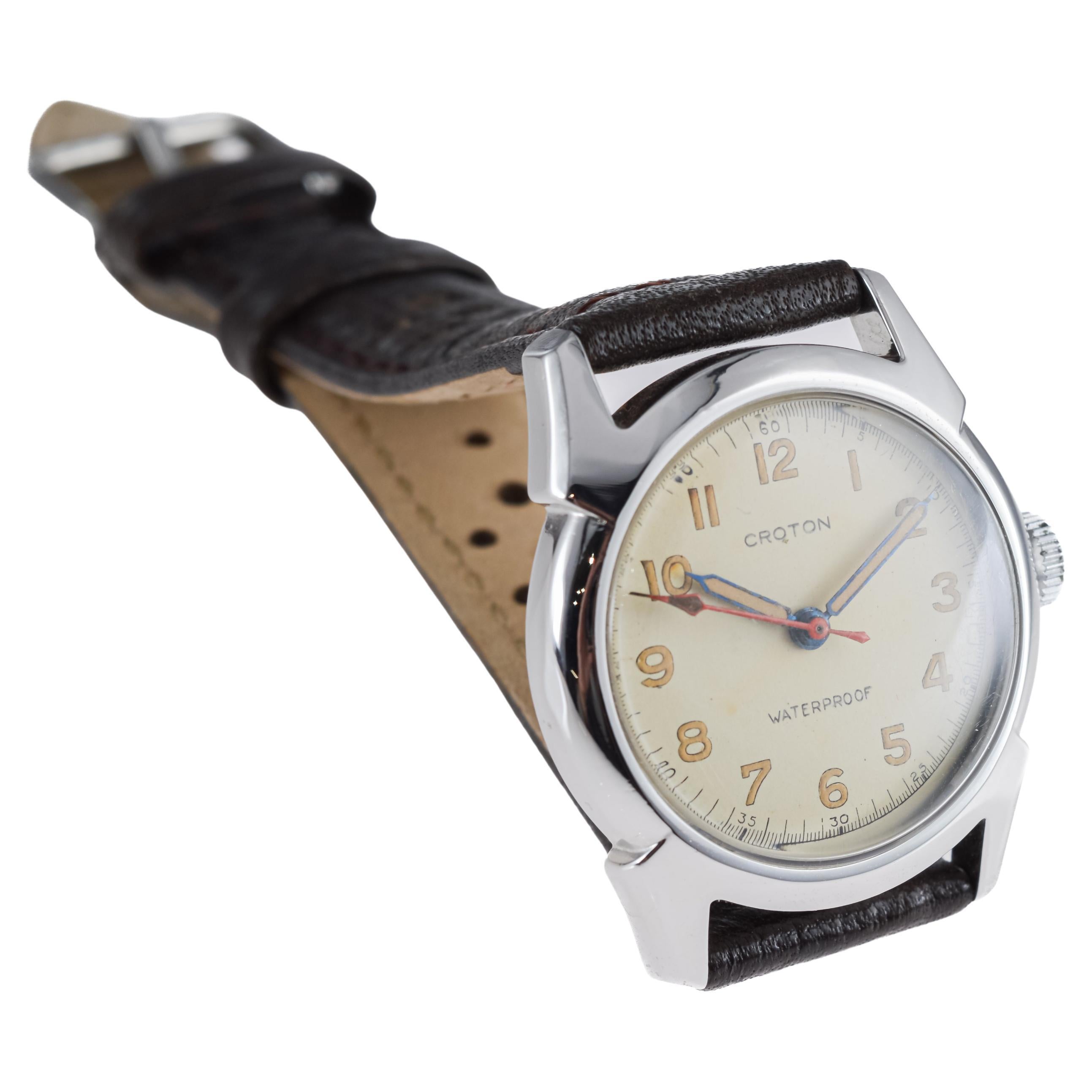 Croton, montre de sport Art déco ronde entièrement d'origine avec cadran d'origine, années 1940 en vente 5