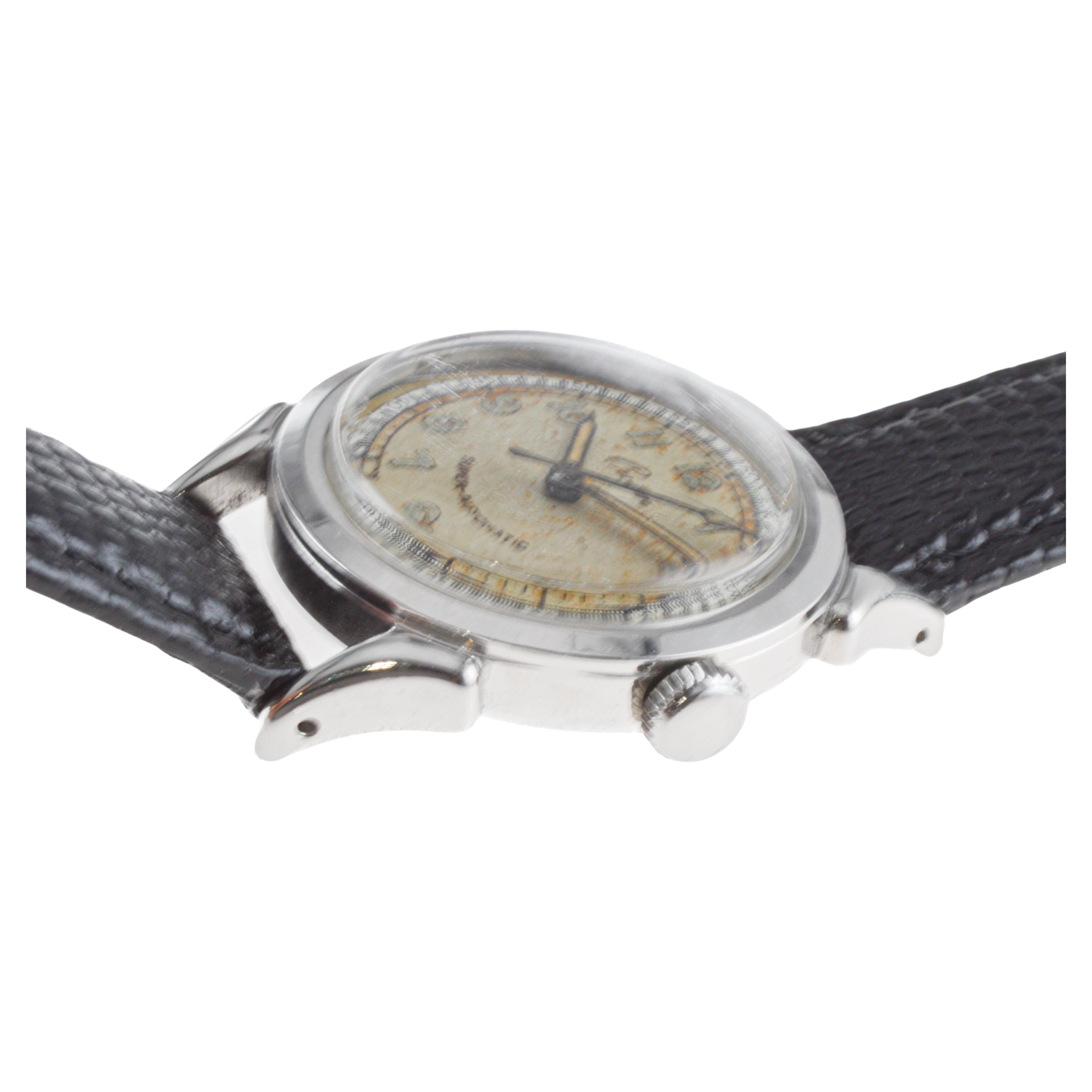 Croton Steel Super-Automatic Art Deco Watch with Original Dial 1940's For Sale 4