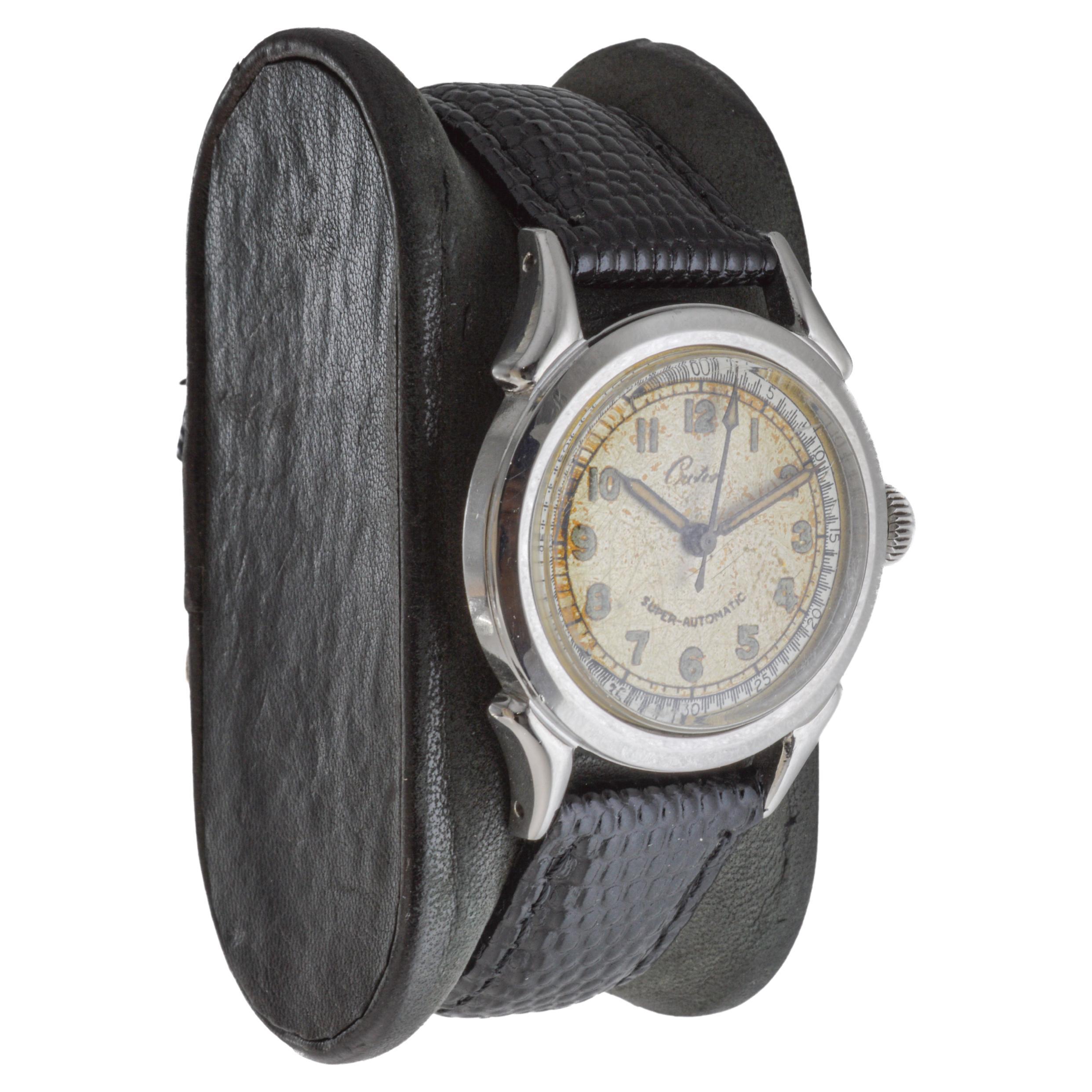 FACTORY / HOUSE: Croton Watch Company
STYLE / REFERENCE: Super-Automatic
METAL / MATERIAL: Stainless Steel
CIRCA / YEAR: 1940's
DIMENSIONS / SIZE: Length 31mm X Diameter 30mm
MOVEMENT / CALIBER: Automatic Winding / 17 Jewels 
DIAL / HANDS: Original